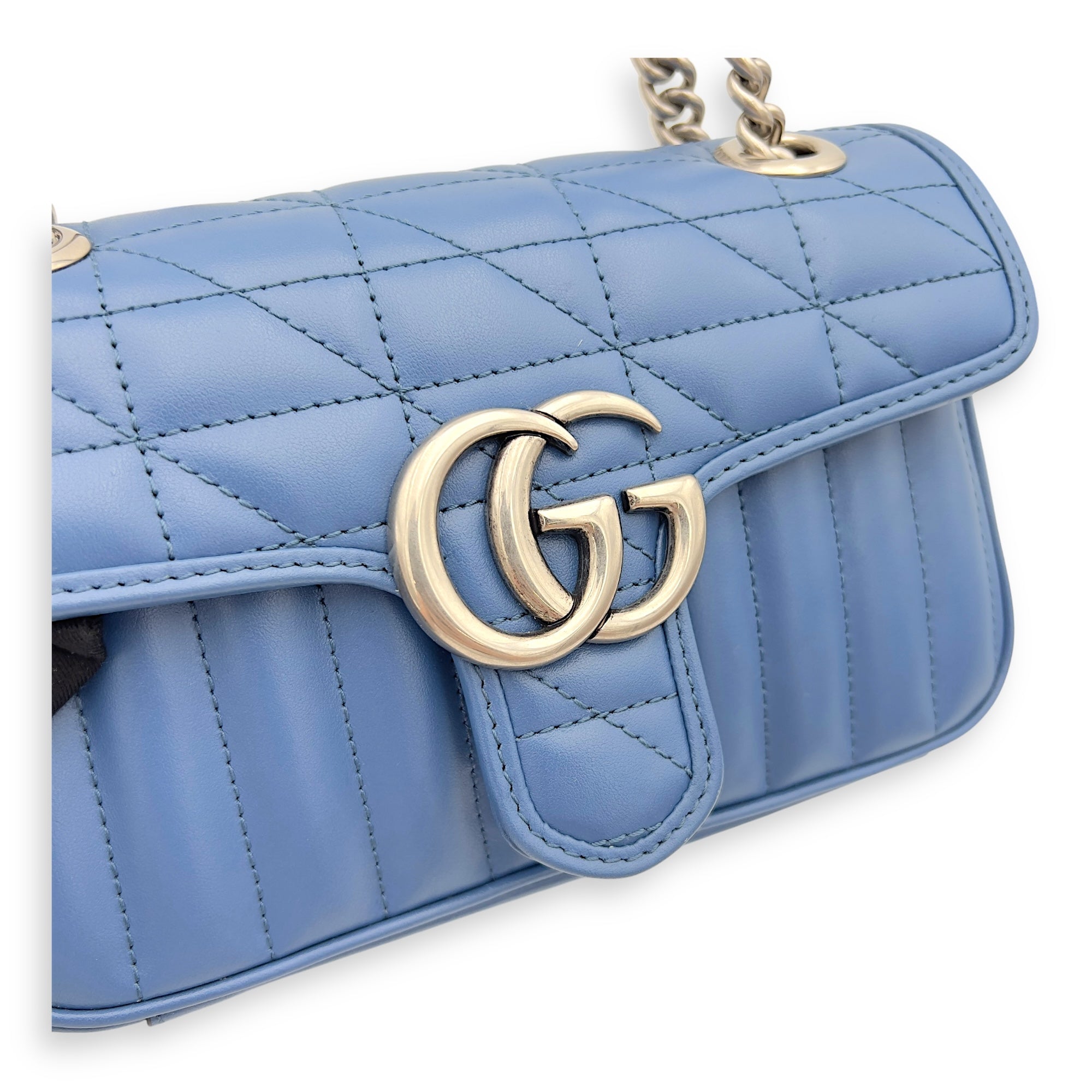 Gucci GG Marmont Shoulder Bag Blue in Calfskin, Ruthenium hardware_9