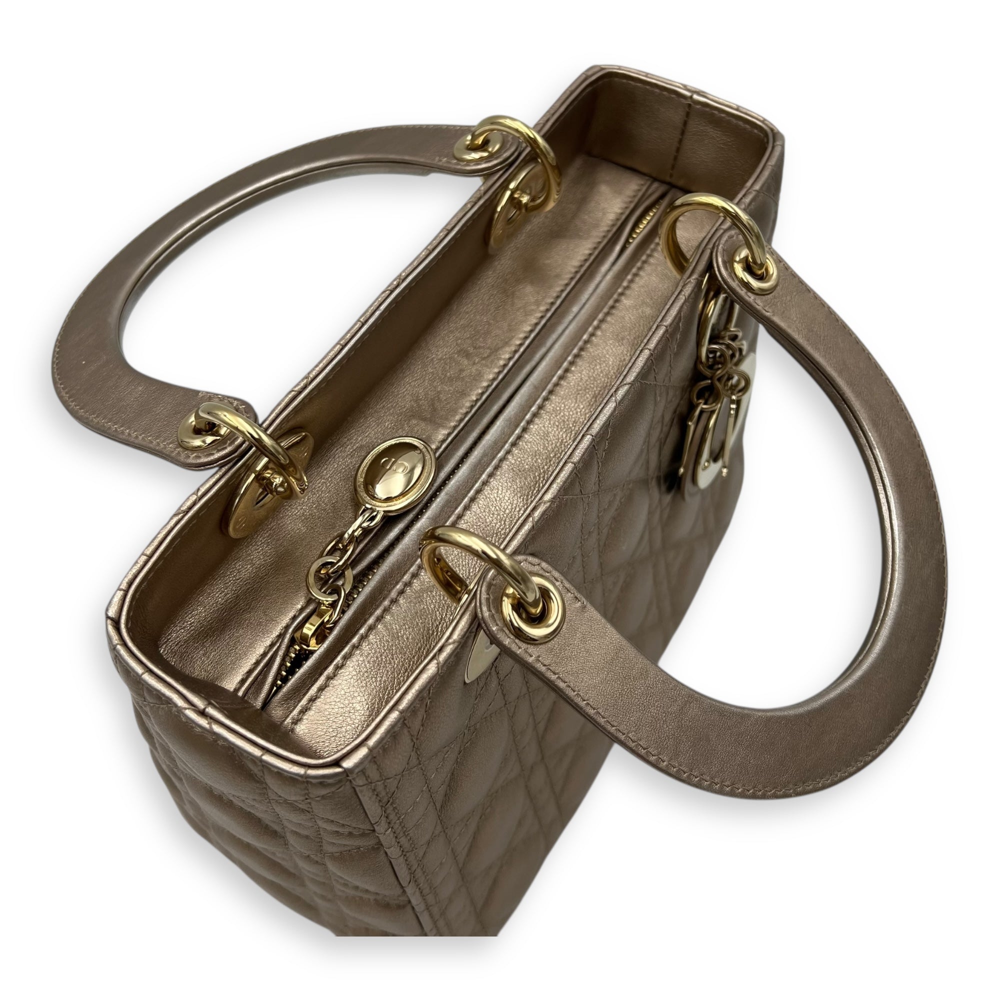 Christian Dior Lady Dior Medium Bronze Top Handle Bag in Lambskin, Gold hardware_9