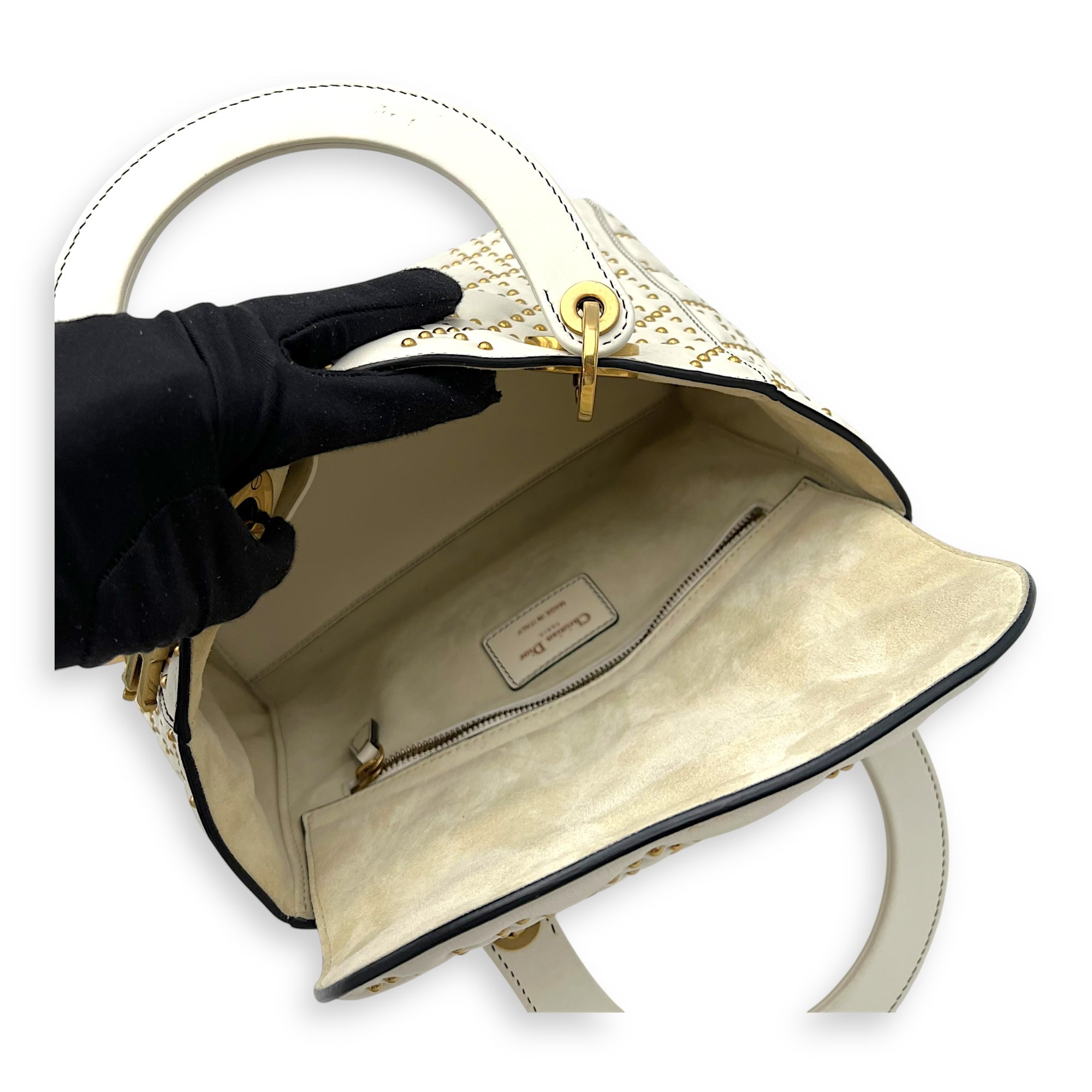 Christian Dior Lady Dior Top Handle Bag White in Calfskin, Gold hardware_9