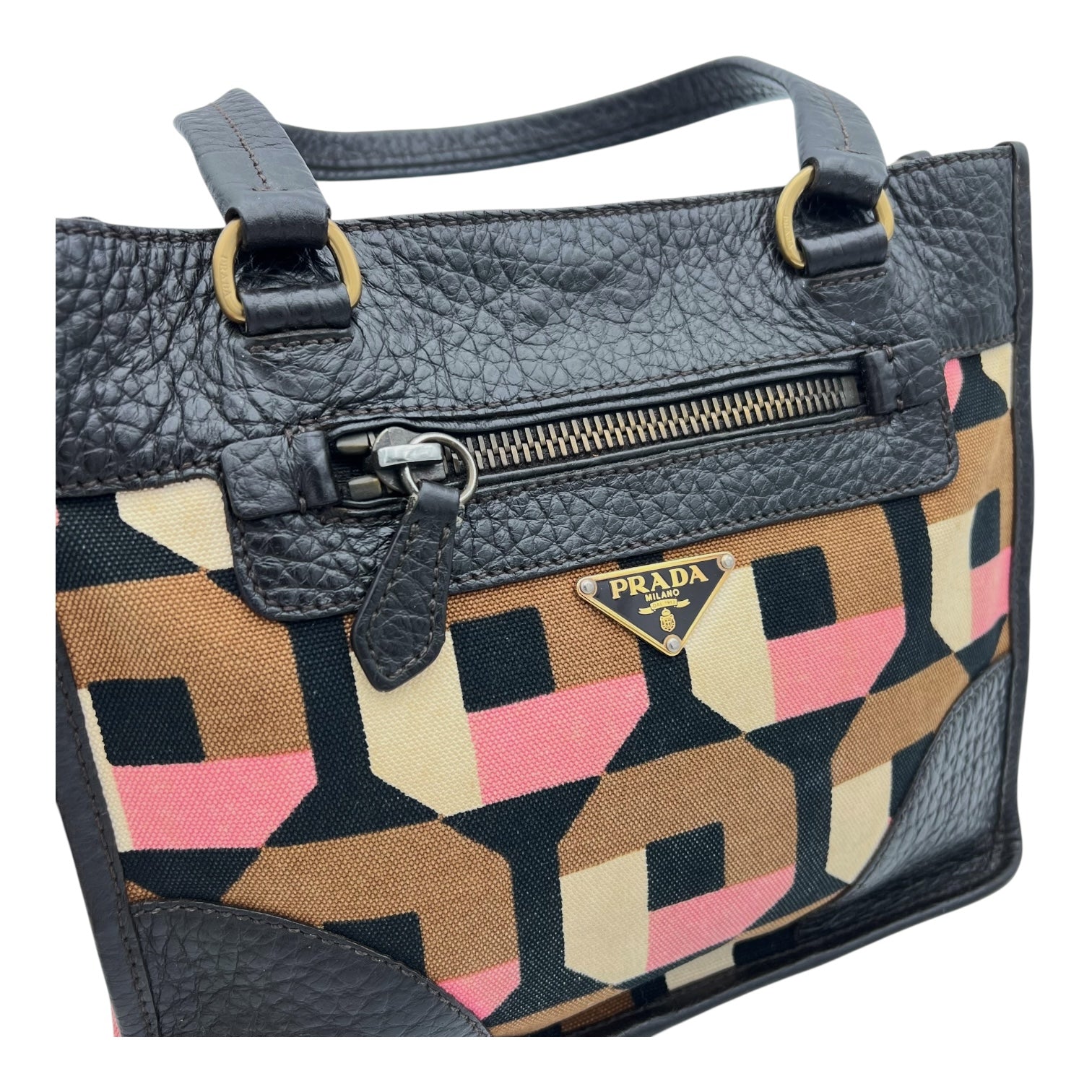 Prada Logo Multi-colour Top Handle Bag in Canvas, Gold hardware_9