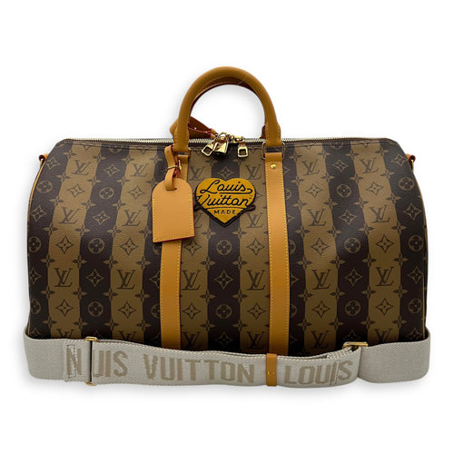 Louis Vuitton NIGO Keepall Bandouliere 50 Brown Top Handle Bag in Coated Canvas, Gold hardware_9
