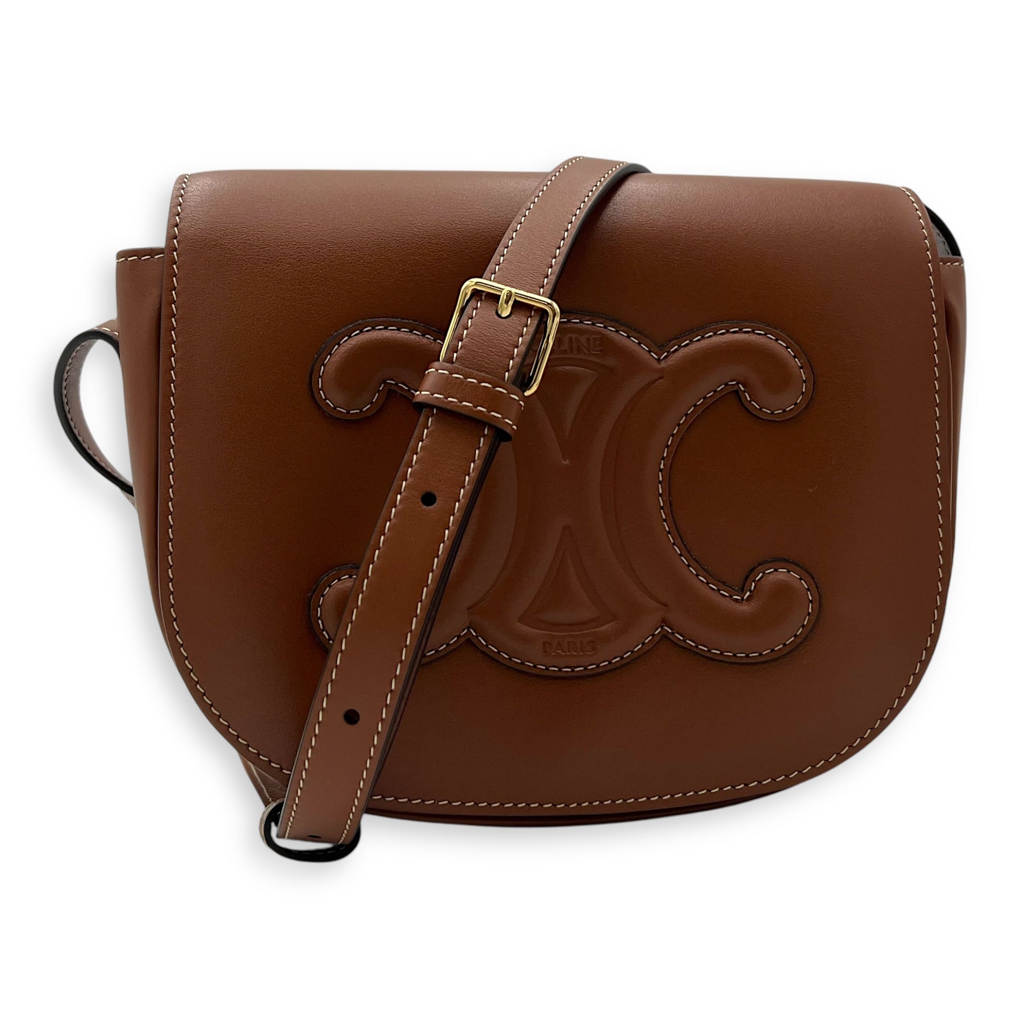 Celine Folco Crossbody Bag Brown in Calfskin, Gold hardware_9