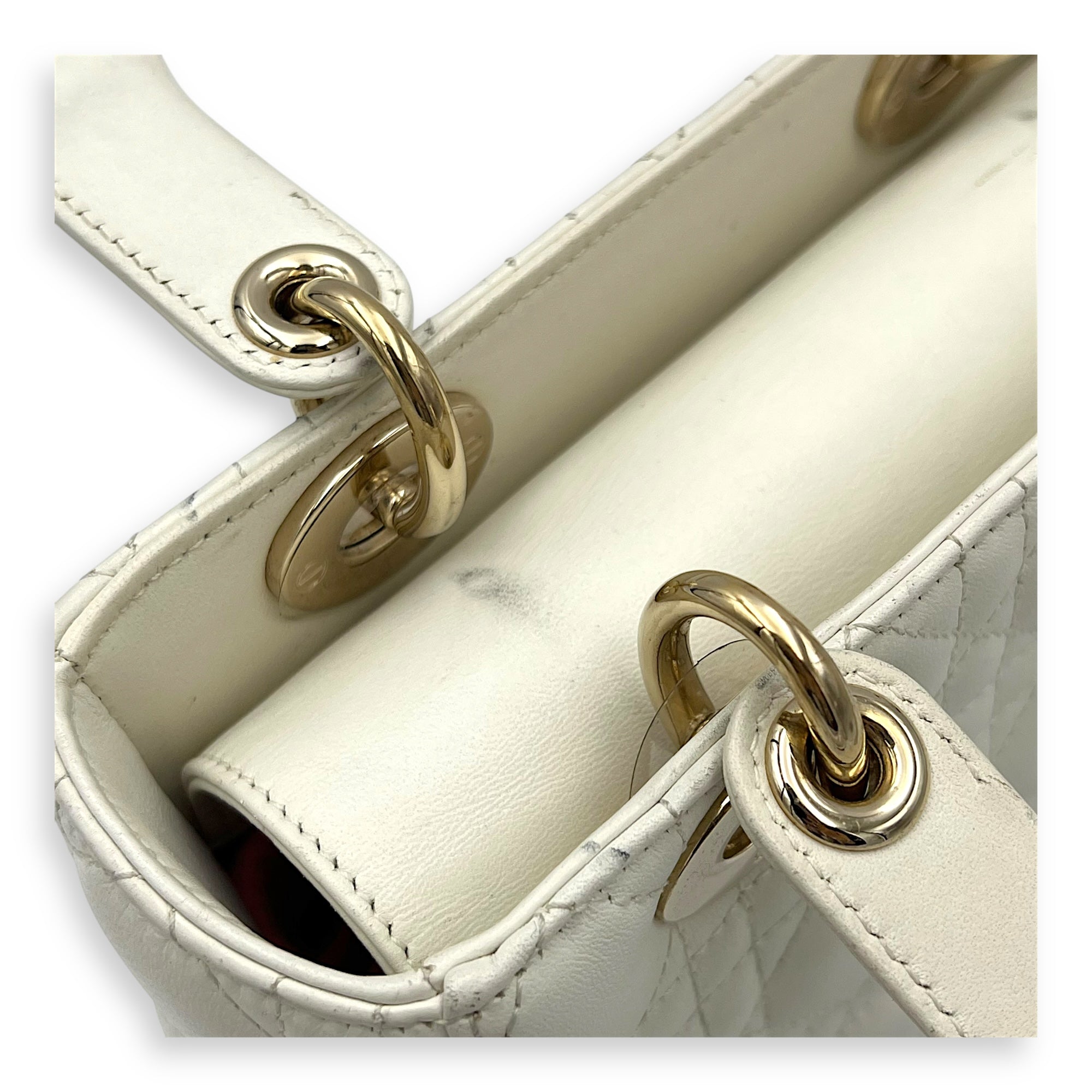 Christian Dior Lady Dior Small White Top Handle Bag in Lambskin, Gold hardware_9