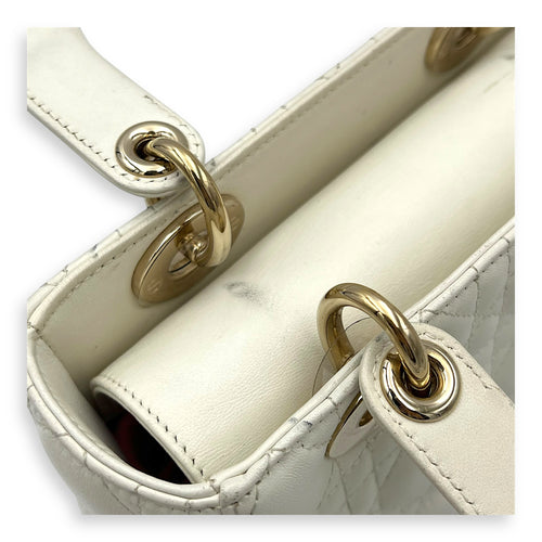 Christian Dior Lady Dior Small White Top Handle Bag in Lambskin, Gold hardware_9