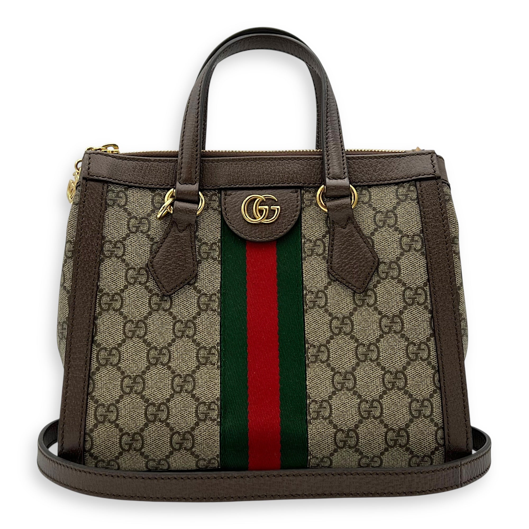 Gucci Ophidia Small Brown Top Handle Bag in Monogram Coated Canvas, Gold hardware_9