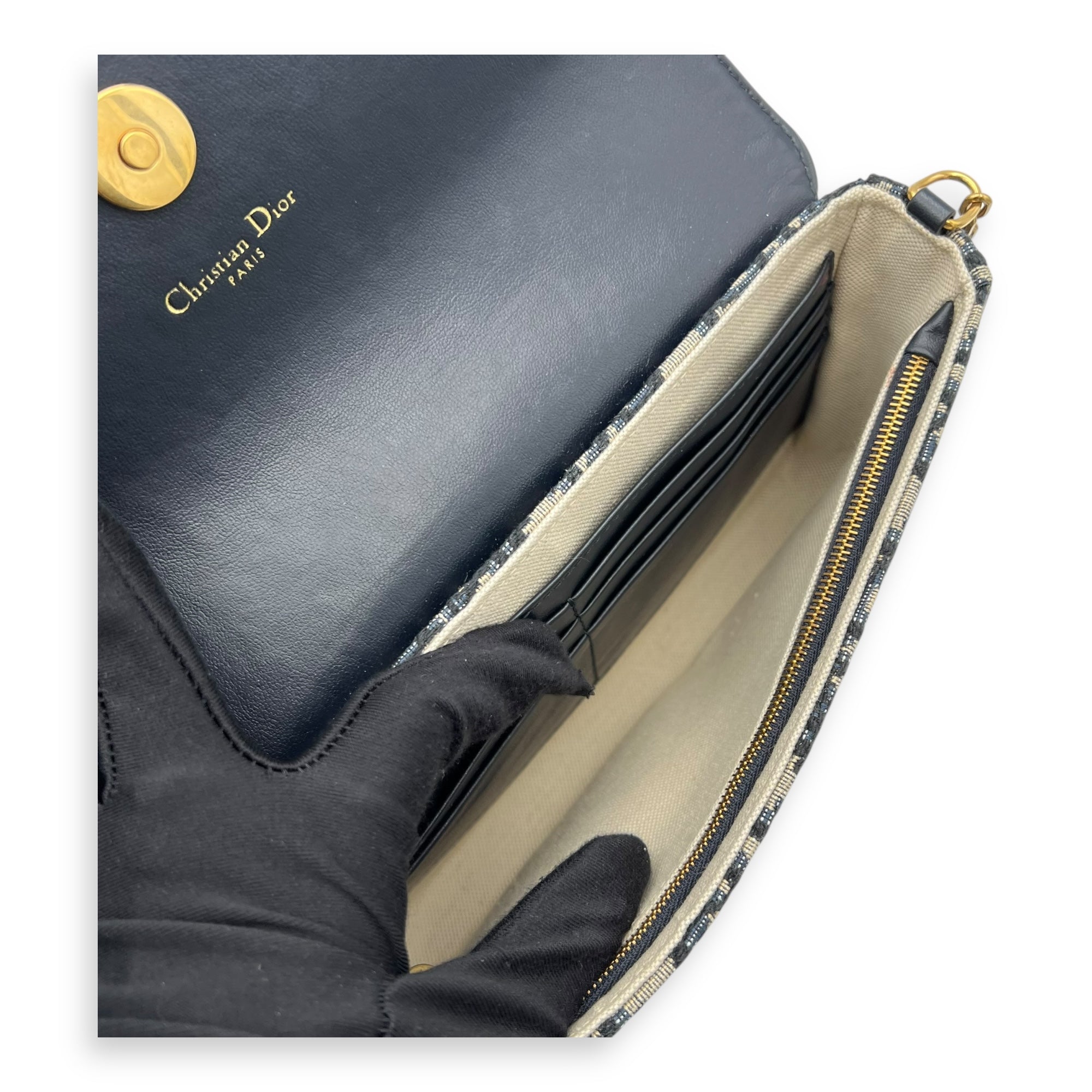 Christian Dior Saddle Wallet On Chain Blue in Jacquard, Gold hardware_9