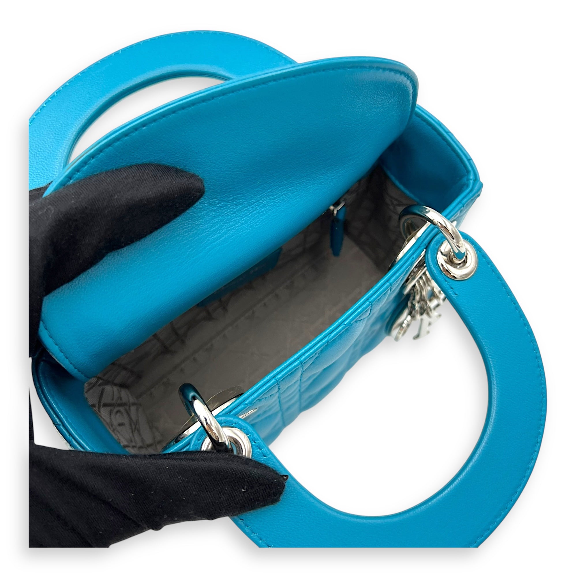 Christian Dior Lady Dior Top Handle Bag Mini Blue in Lambskin, Silver hardware_9