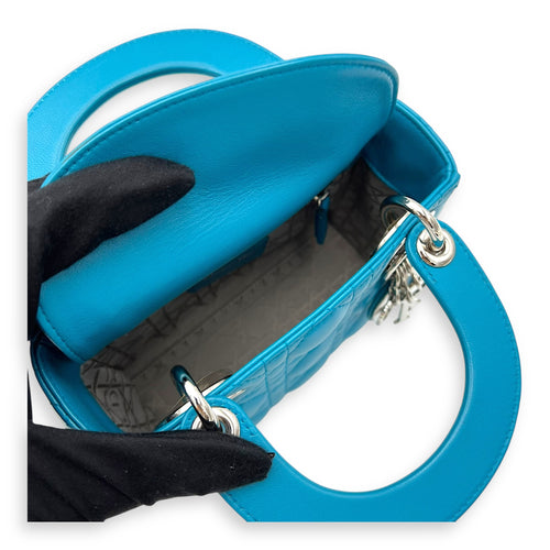 Christian Dior Lady Dior Top Handle Bag Mini Blue in Lambskin, Silver hardware_9