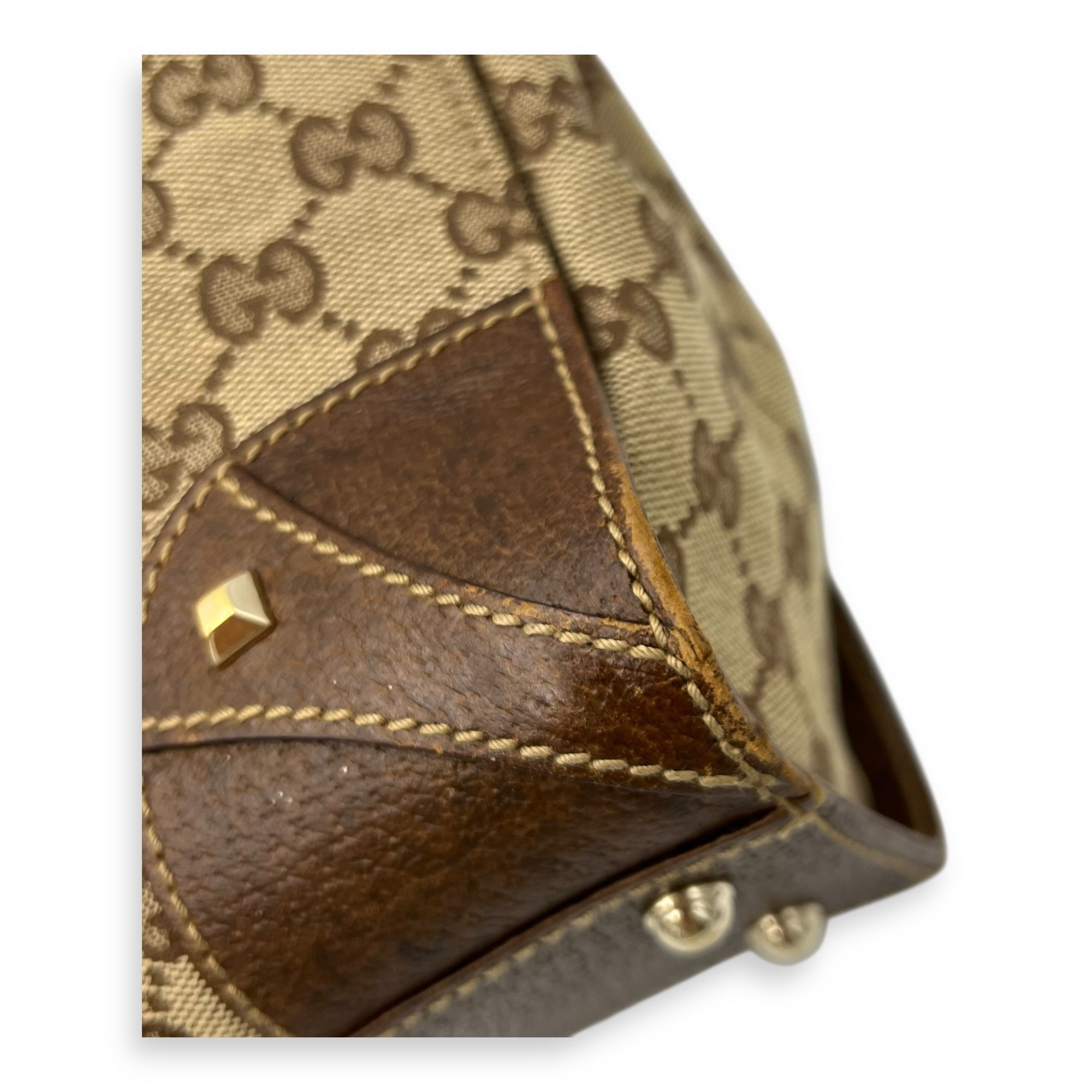 Gucci Nailhead Brown Top Handle Bag in Canvas, Gold hardware_9