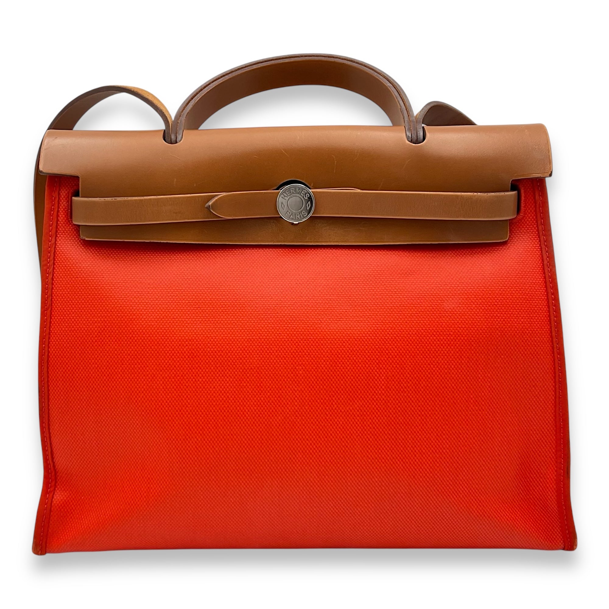 Hermès Herbag 31 Orange Mecano/ Ecru-beige/ Fauve Shoulder Bag in Toile, Palladium hardware_1
