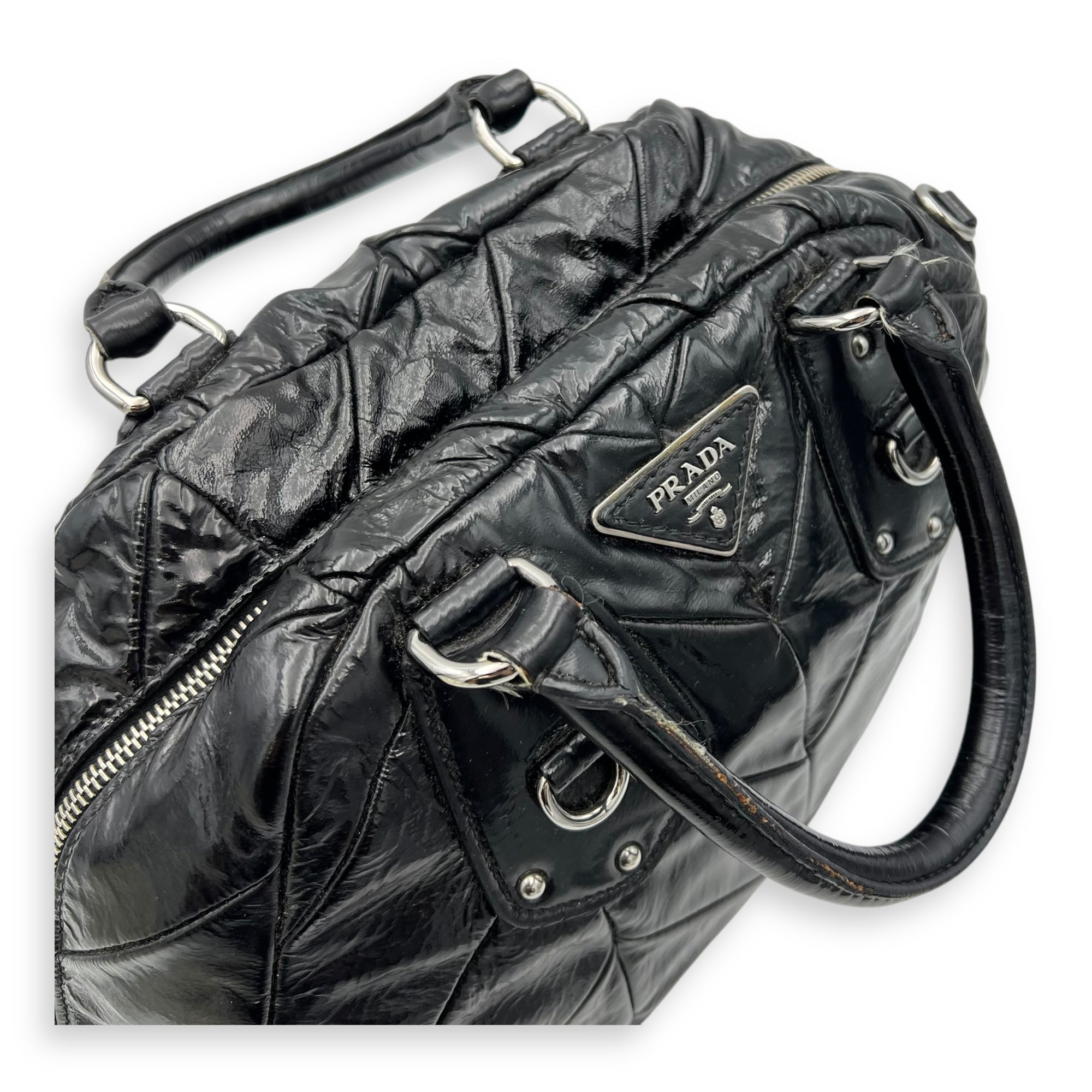 Prada Quilted Top Handle Bag Black in Glazed Calfskin, Silver hardware_9