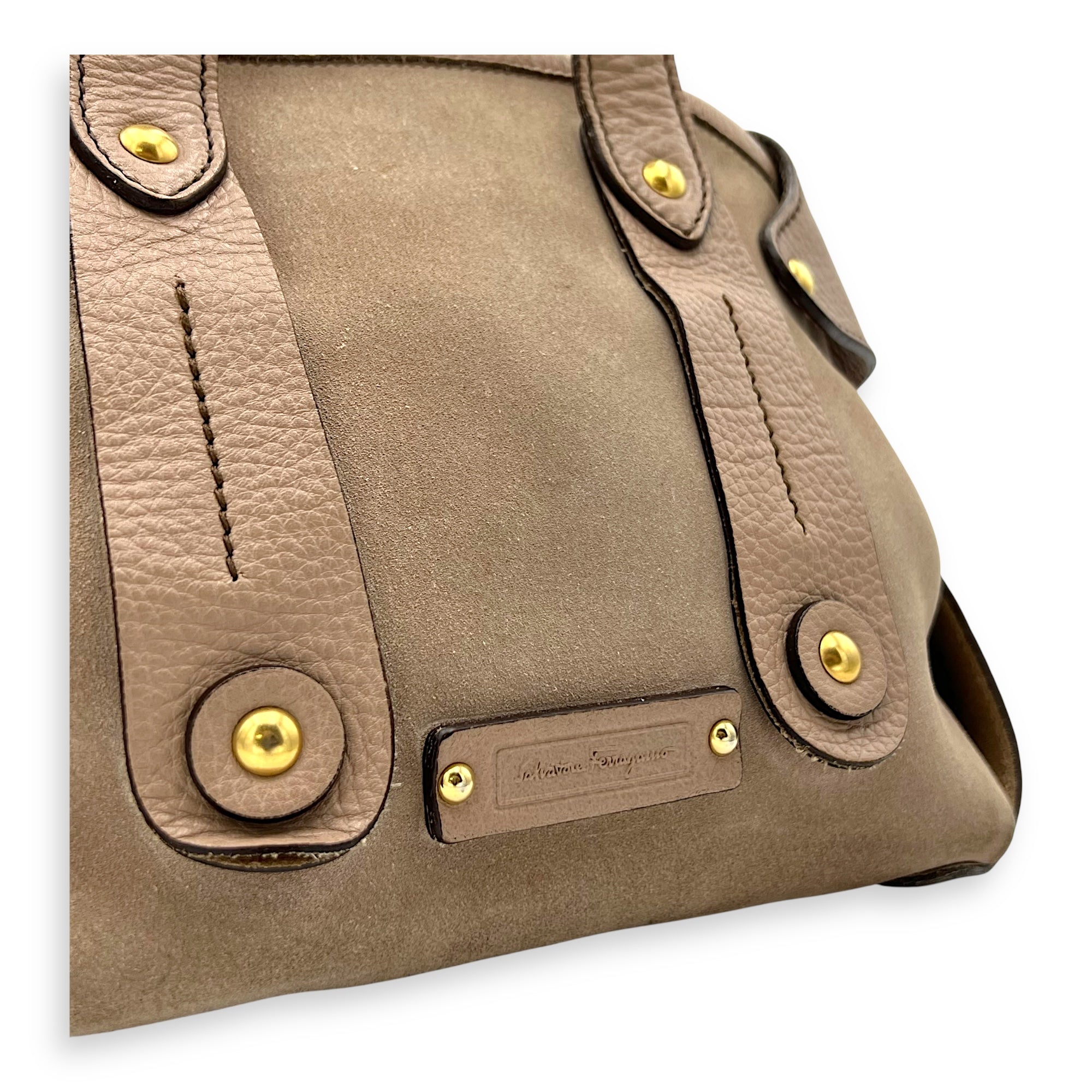 Salvatore Ferragamo Gancini Shoulder Bag Beige in Suede Leather, Gold hardware_9