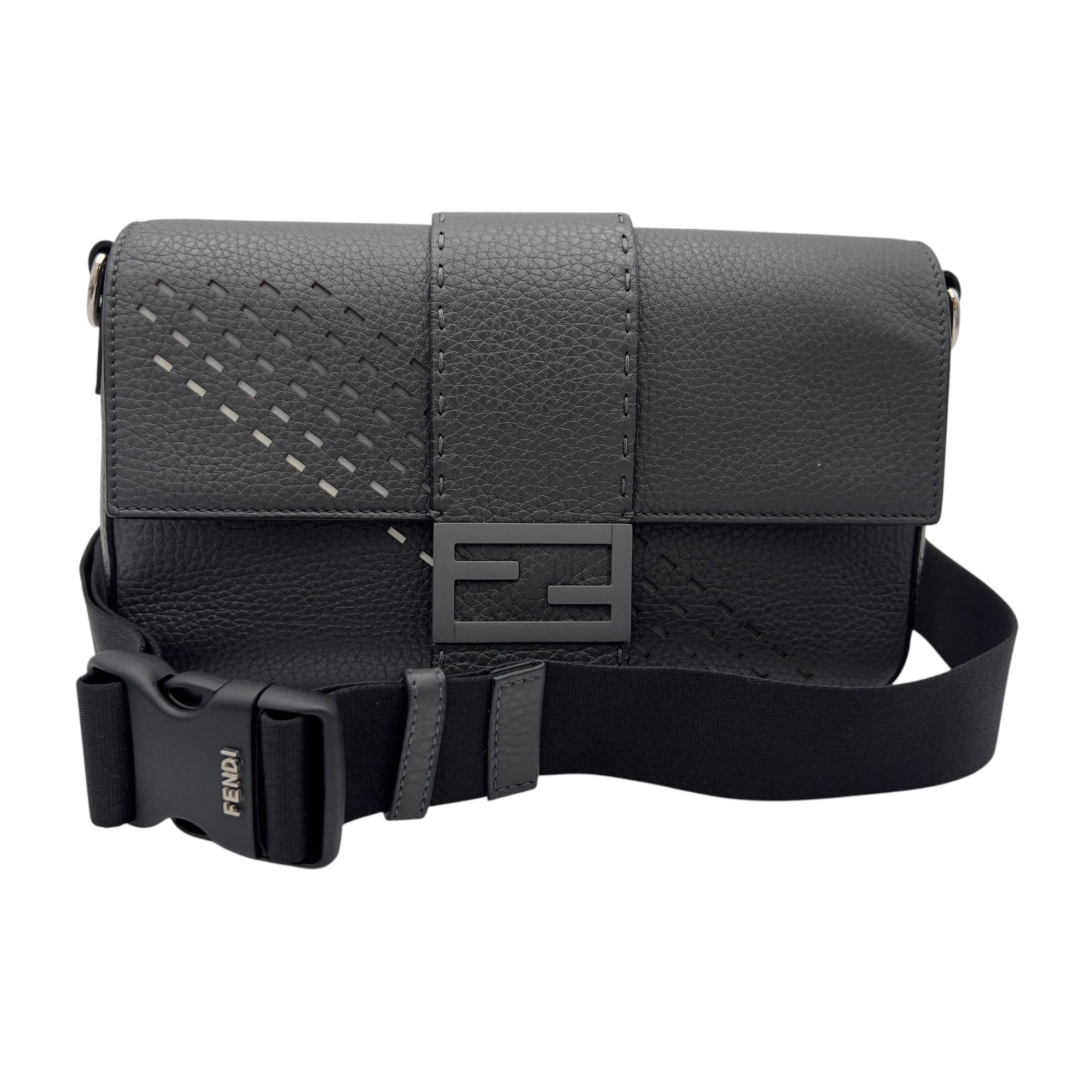 Fendi Baguette Crossbody Bag Small Grey in Calfskin, Silver hardware_9