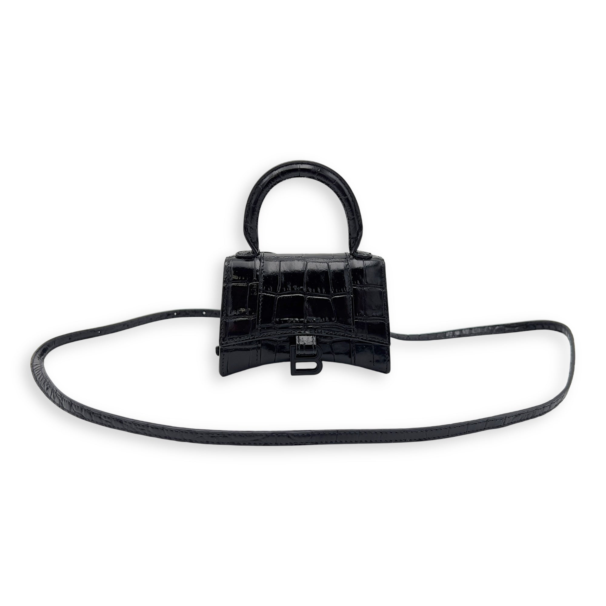 Balenciaga Hourglass Mini Black Top Handle Bag in Crocodile Embossed Calfskin, Lacquered Metal hardware_7