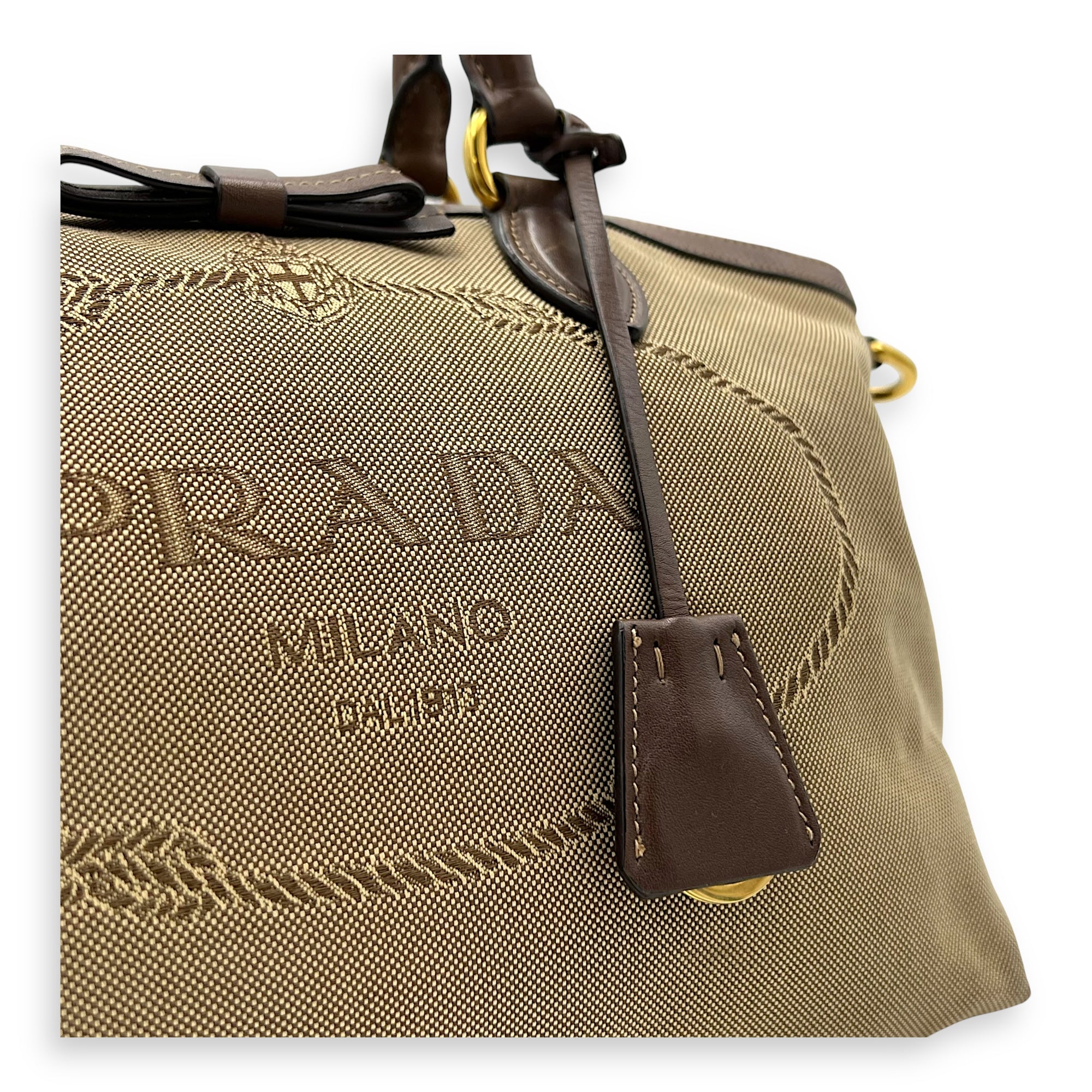 Prada Logo Small Brown Top Handle Bag in Canvas, Gold hardware_9