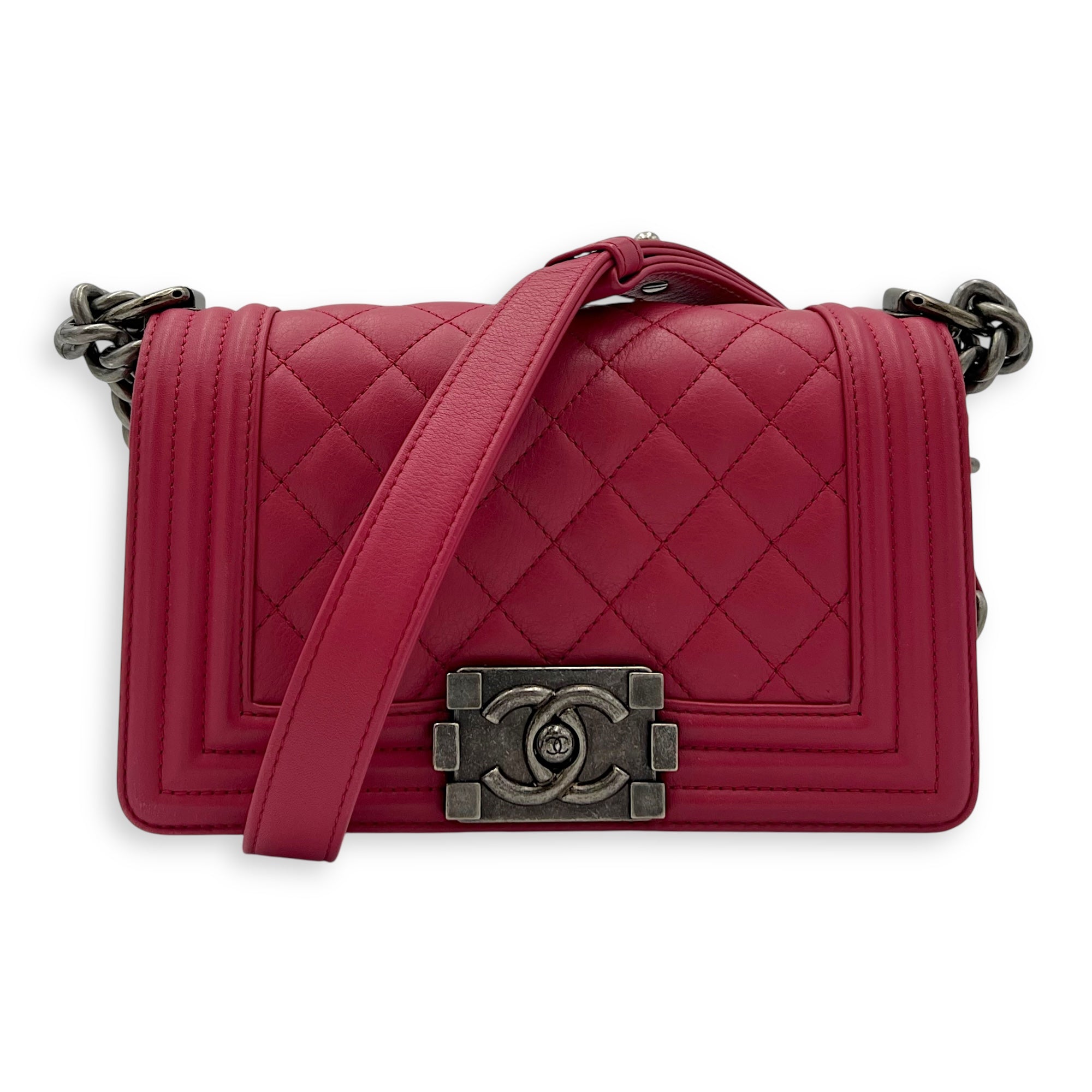 Chanel Boy Shoulder Bag Pink in Calfskin, Ruthenium hardware_9