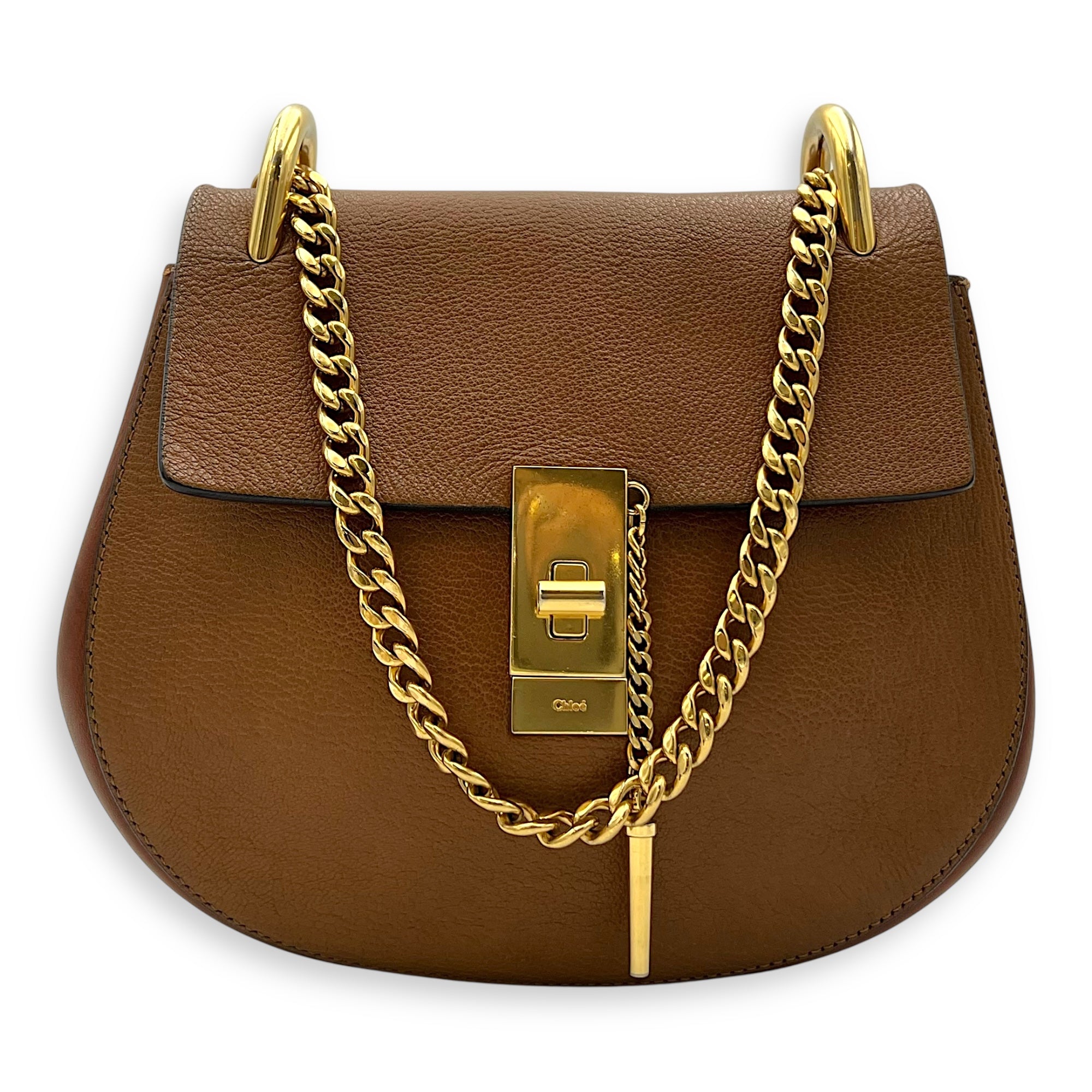 Chloé Drew Shoulder Bag Brown in Calfskin, Gold hardware_9