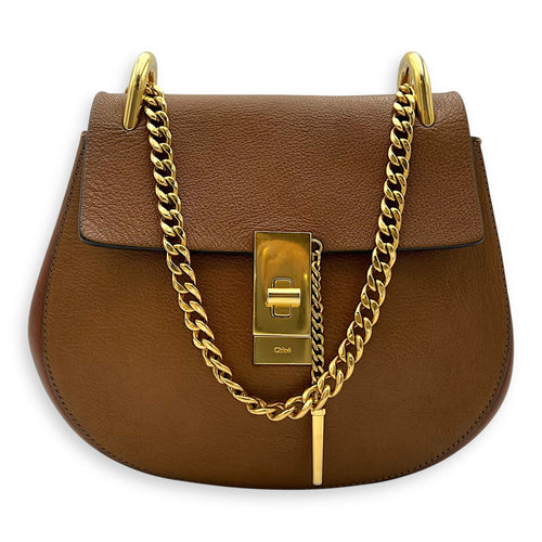 Chloé Drew Shoulder Bag Brown in Calfskin, Gold hardware_9