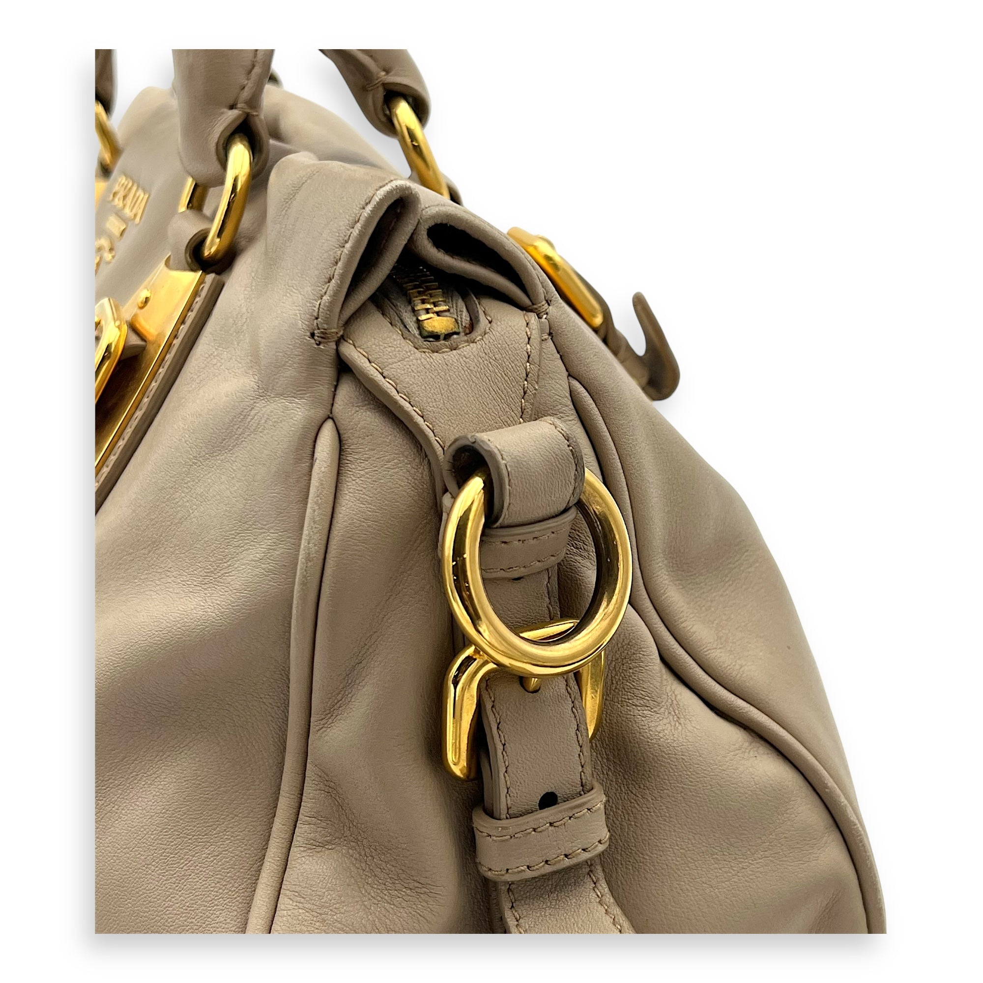 Prada Logo Top Handle Bag Beige in Calfskin, Gold hardware_9