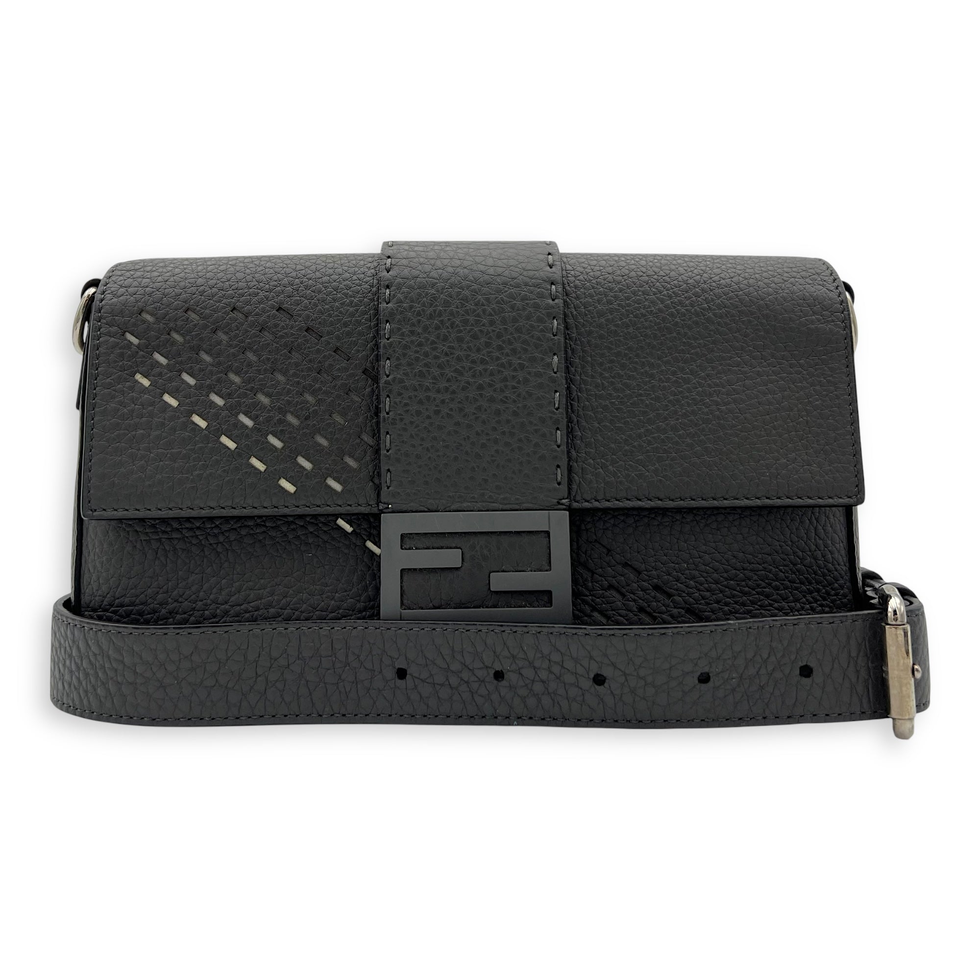 Fendi Baguette Crossbody Bag Grey in Calfskin, Silver hardware_9