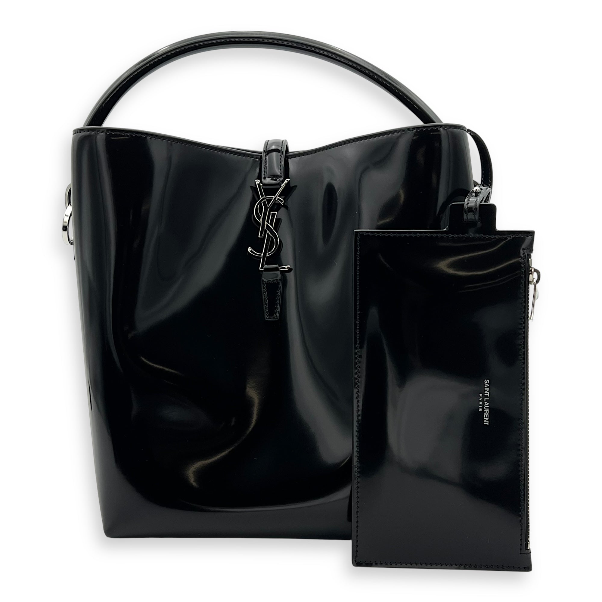Saint Laurent Le 37 Bucket Bag Black in Patent Leather, Silver hardware_9