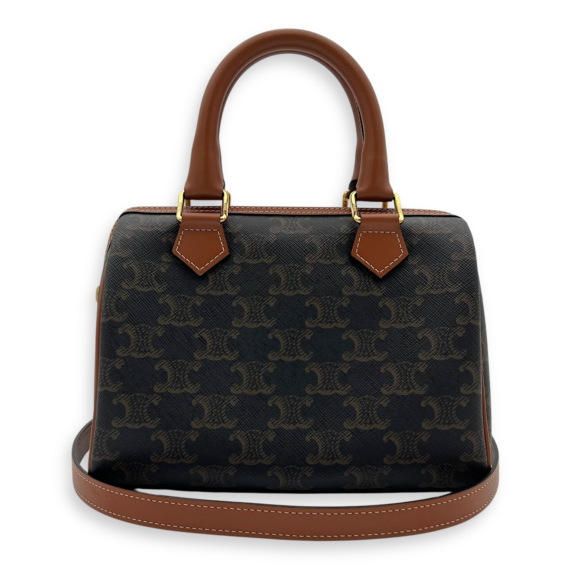 Celine Triomphe Boston Brown Top Handle Bag in Coated Canvas, Gold hardware_9