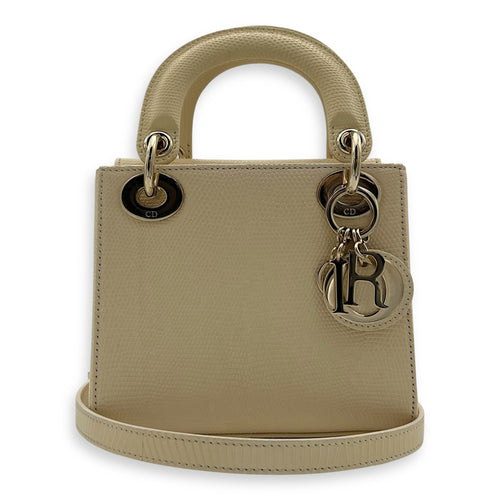 Christian Dior Lady Dior Top Handle Bag Mini Cream in Lizard, Light Gold hardware_9