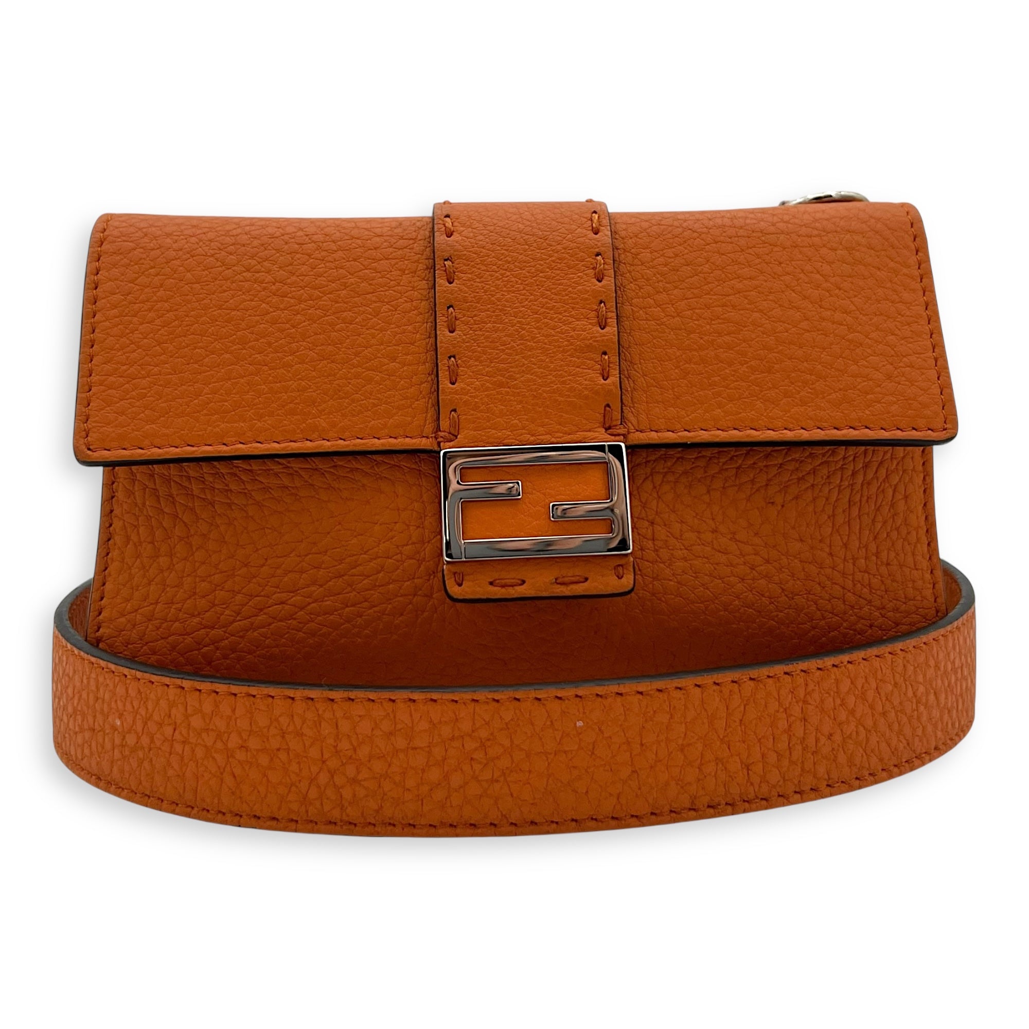 Fendi Baguette Crossbody Bag Orange in Calfskin, Silver hardware_9