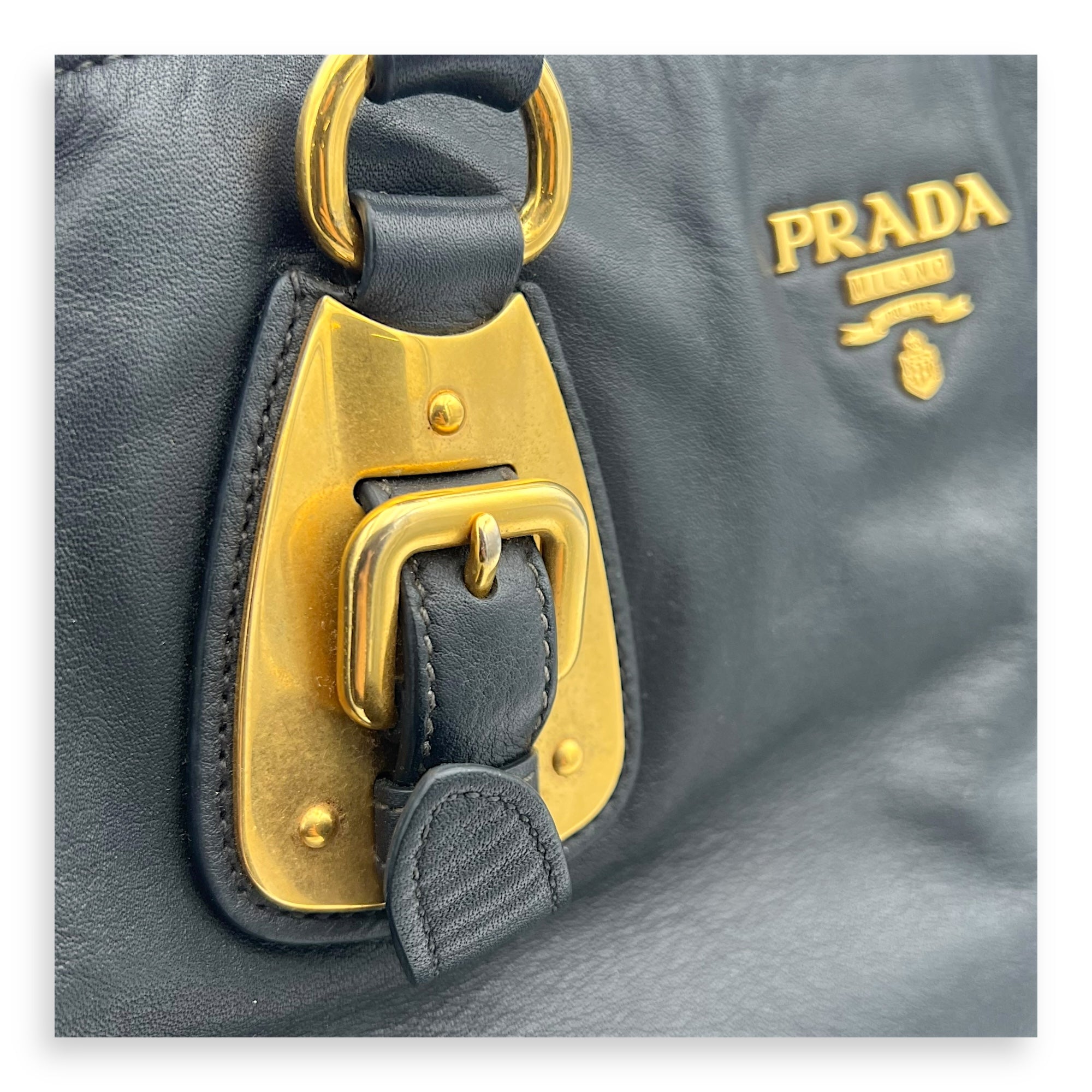 Prada Logo Top Handle Bag Black in Calfskin, Gold hardware_9