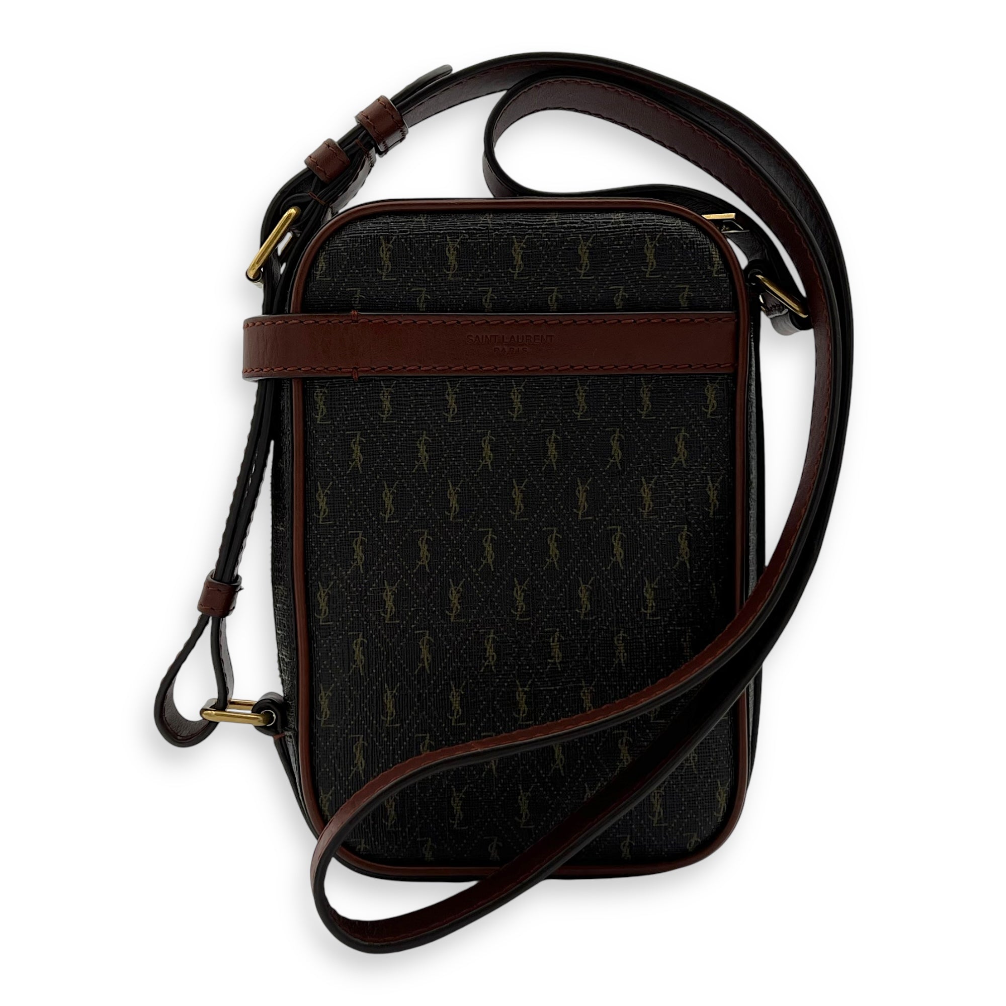 Saint Laurent Logo Crossbody Bag Brown in Coated Canvas, Gold hardware_9