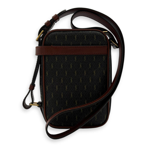 Saint Laurent Logo Crossbody Bag Brown in Coated Canvas, Gold hardware_9