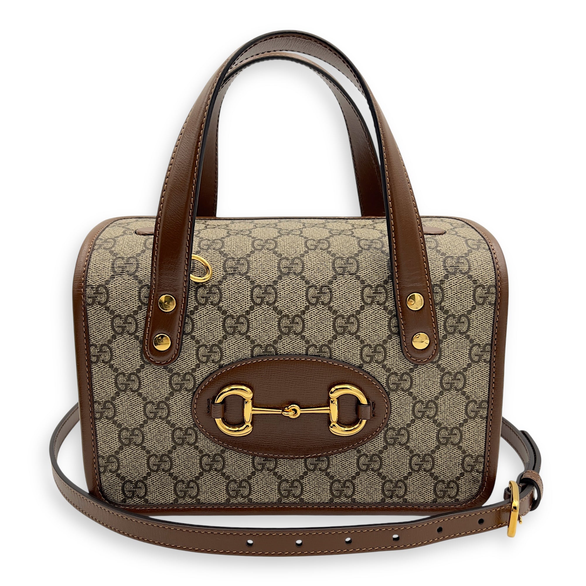 Gucci Horsebit 1955 Top Handle Bag Brown in Coated Canvas, Gold hardware_9