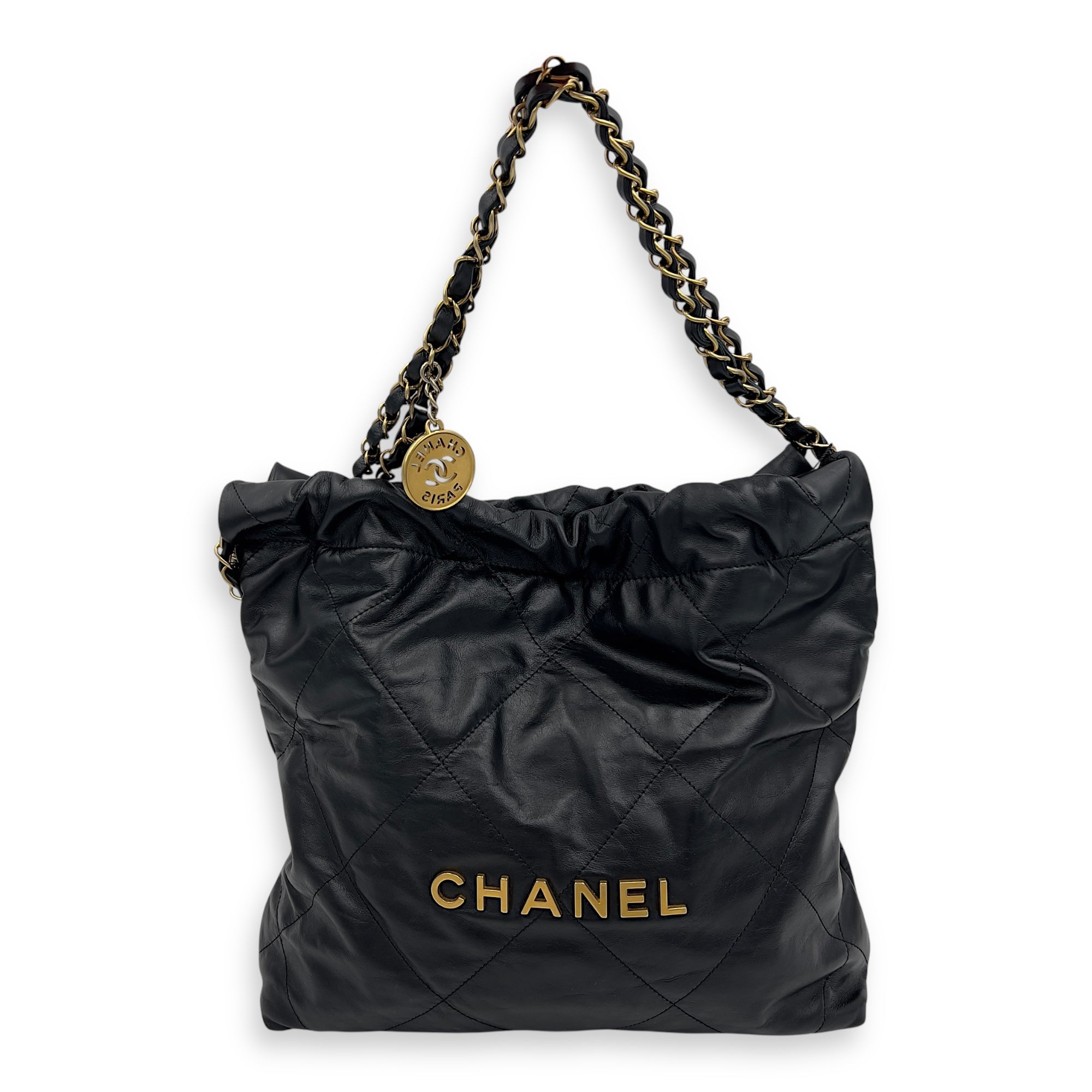 Chanel 22 Tote Shoulder Bag Small Black in Calfskin, Gold hardware_9