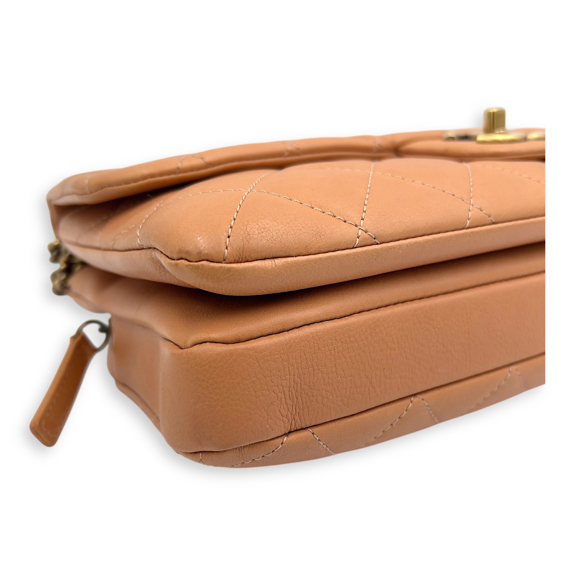 Chanel Quilted Zip Back Pocket Flap Shoulder Bag Brown in Calfskin, Gold hardware_8