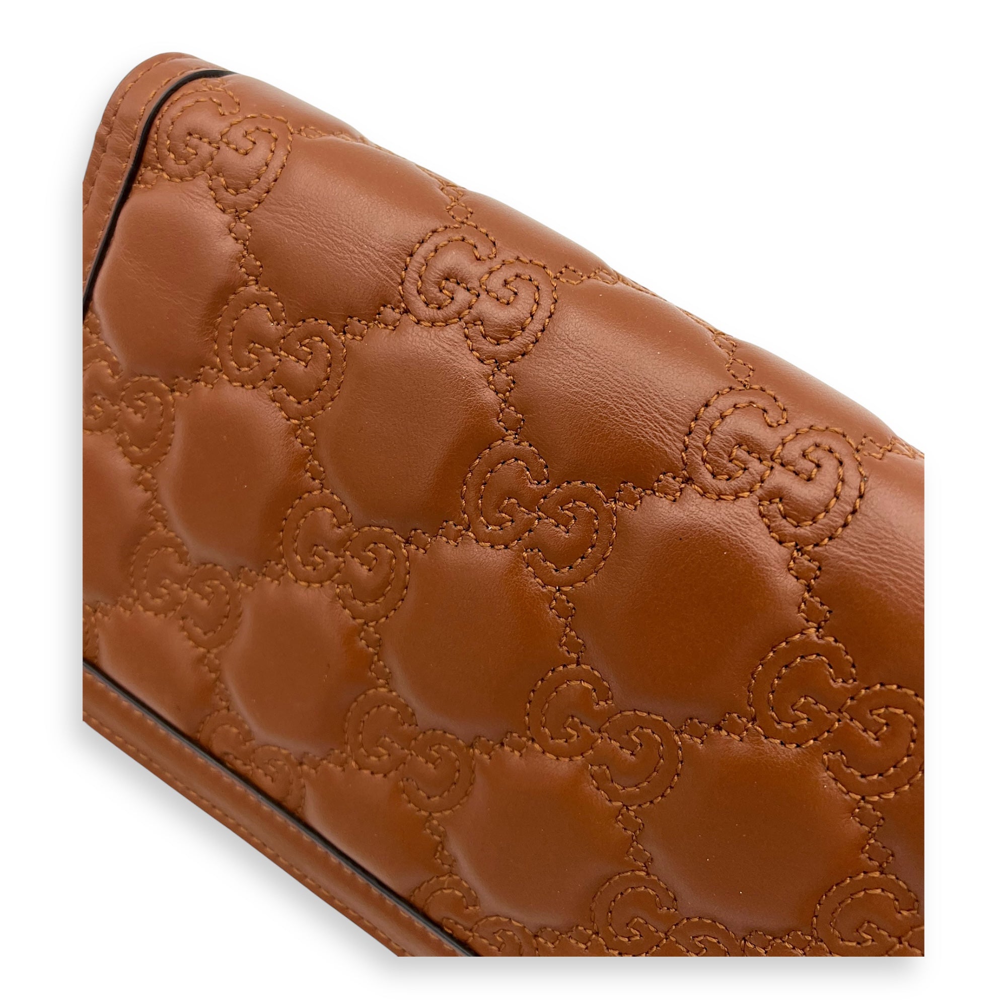 Gucci Matelassé Wallet On Chain Brown in Calfskin, Gold hardware_9