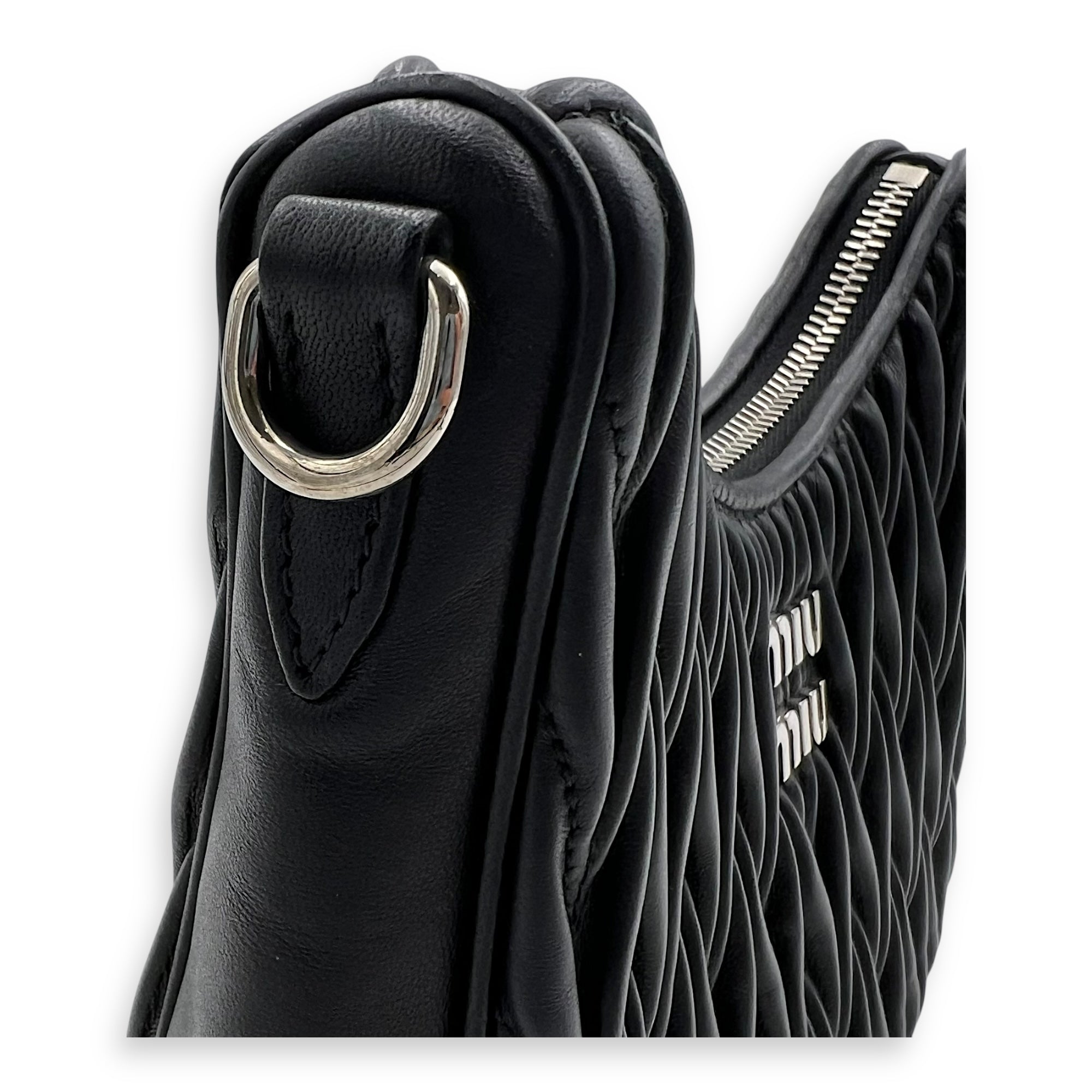 Miu Miu Matelassé Shoulder Bag Black in Lambskin, Silver hardware_9