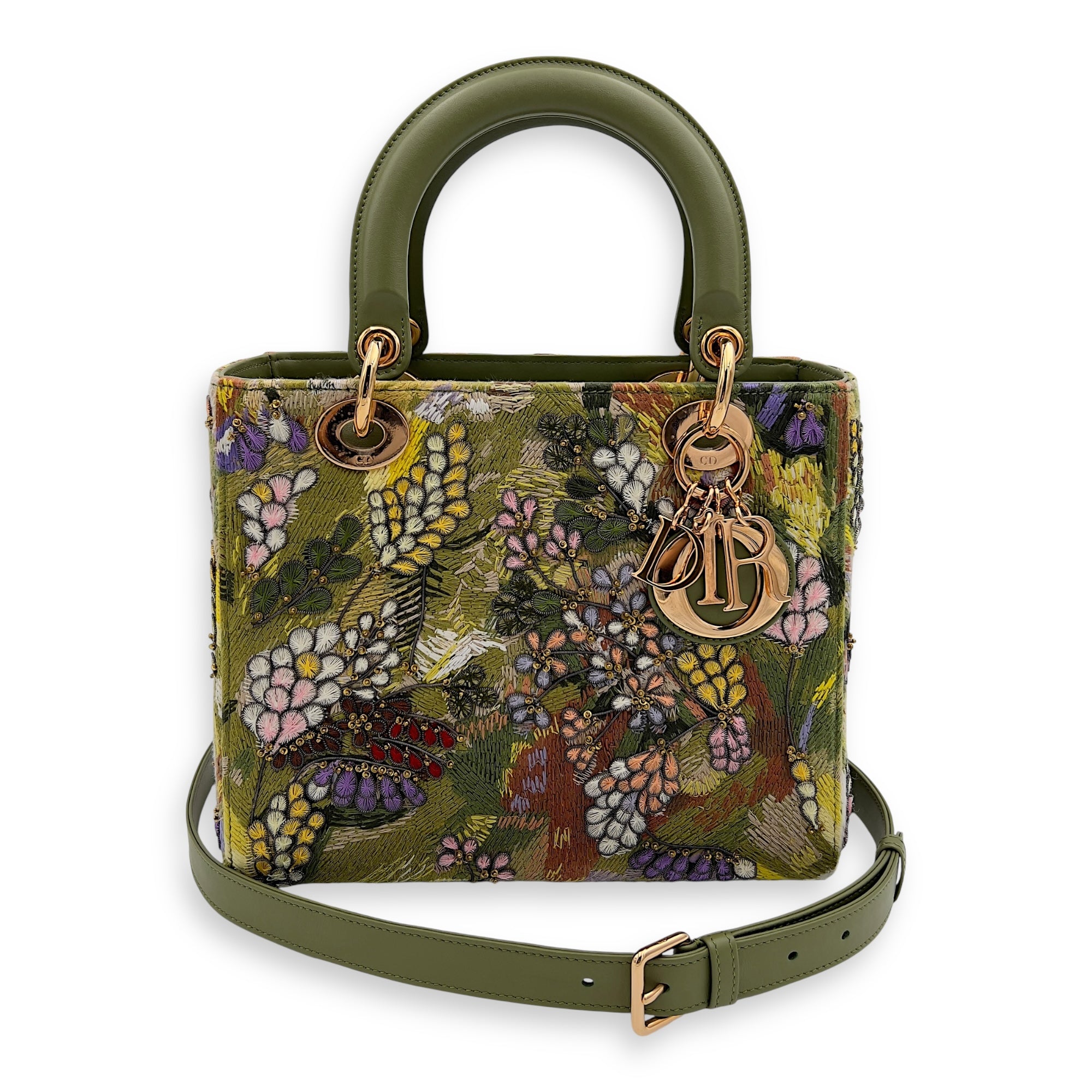 Dior Lady Dior Medium Green Top Handle Bag in Embroidered, Rose Gold hardware_9