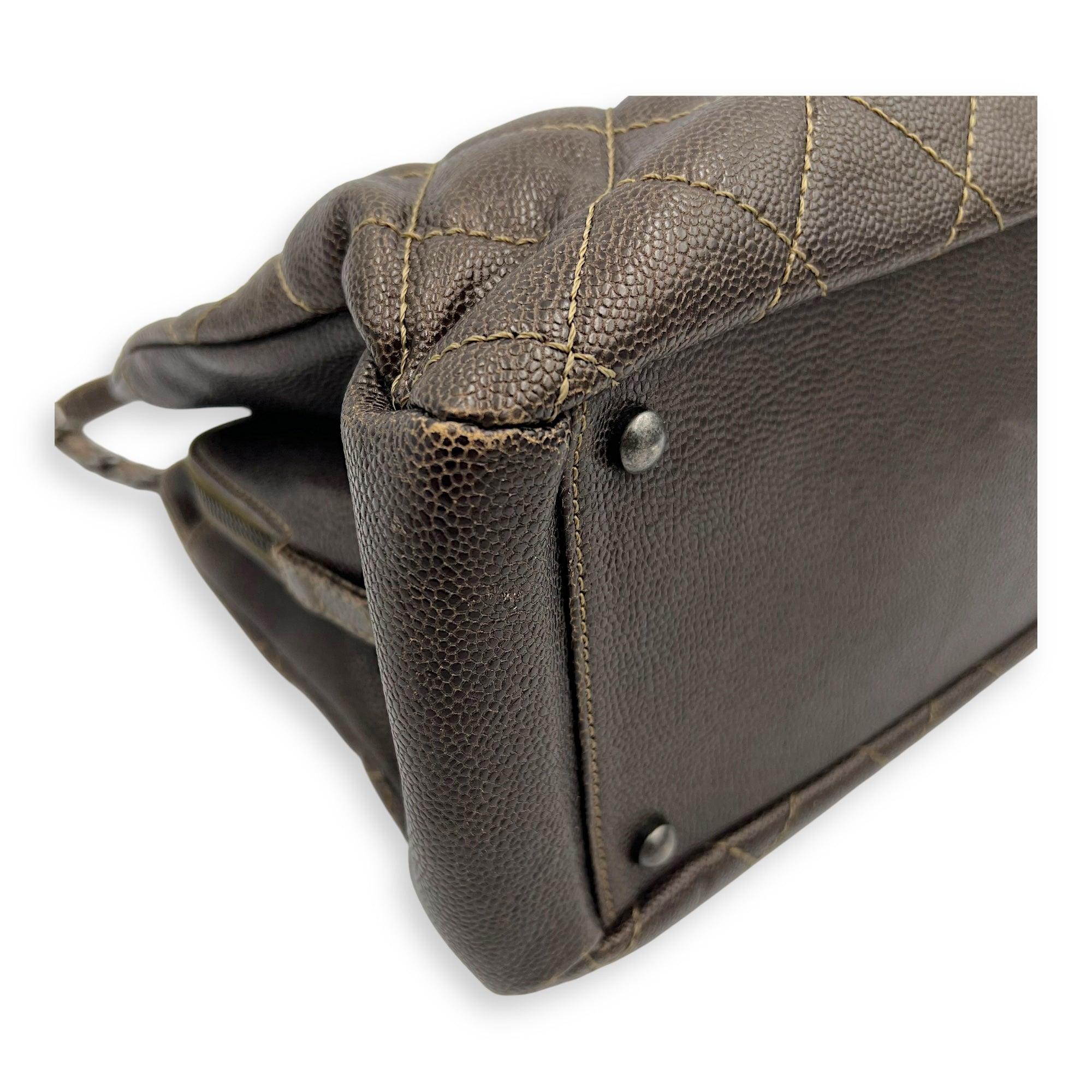 Chanel Quilted Wildstitch Tote Bag Brown in Caviar Leather, Silver hardware_11