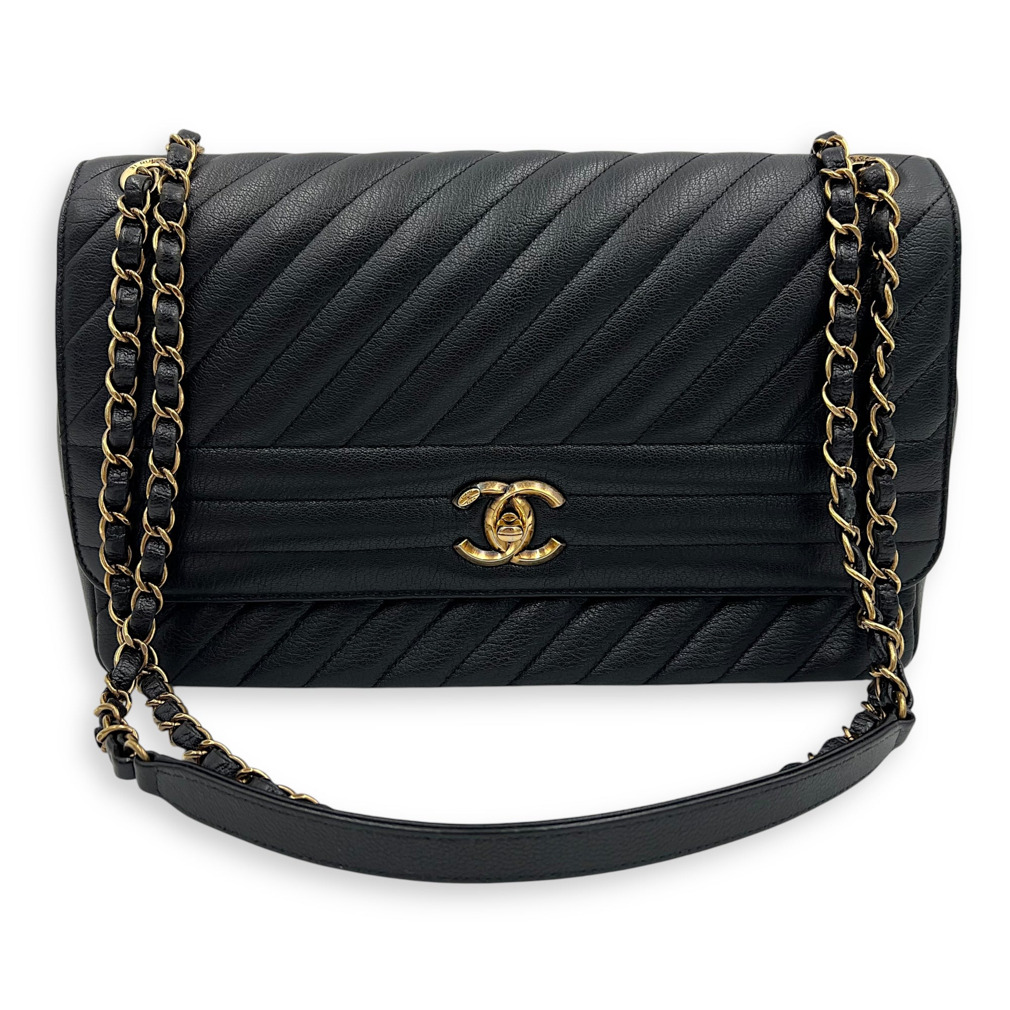 Chanel Diagonal Quilted Shoulder Bag Black in Goat Leather, Gold hardware_7