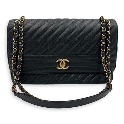 Chanel Diagonal Quilted Shoulder Bag Black in Goat Leather, Gold hardware_7