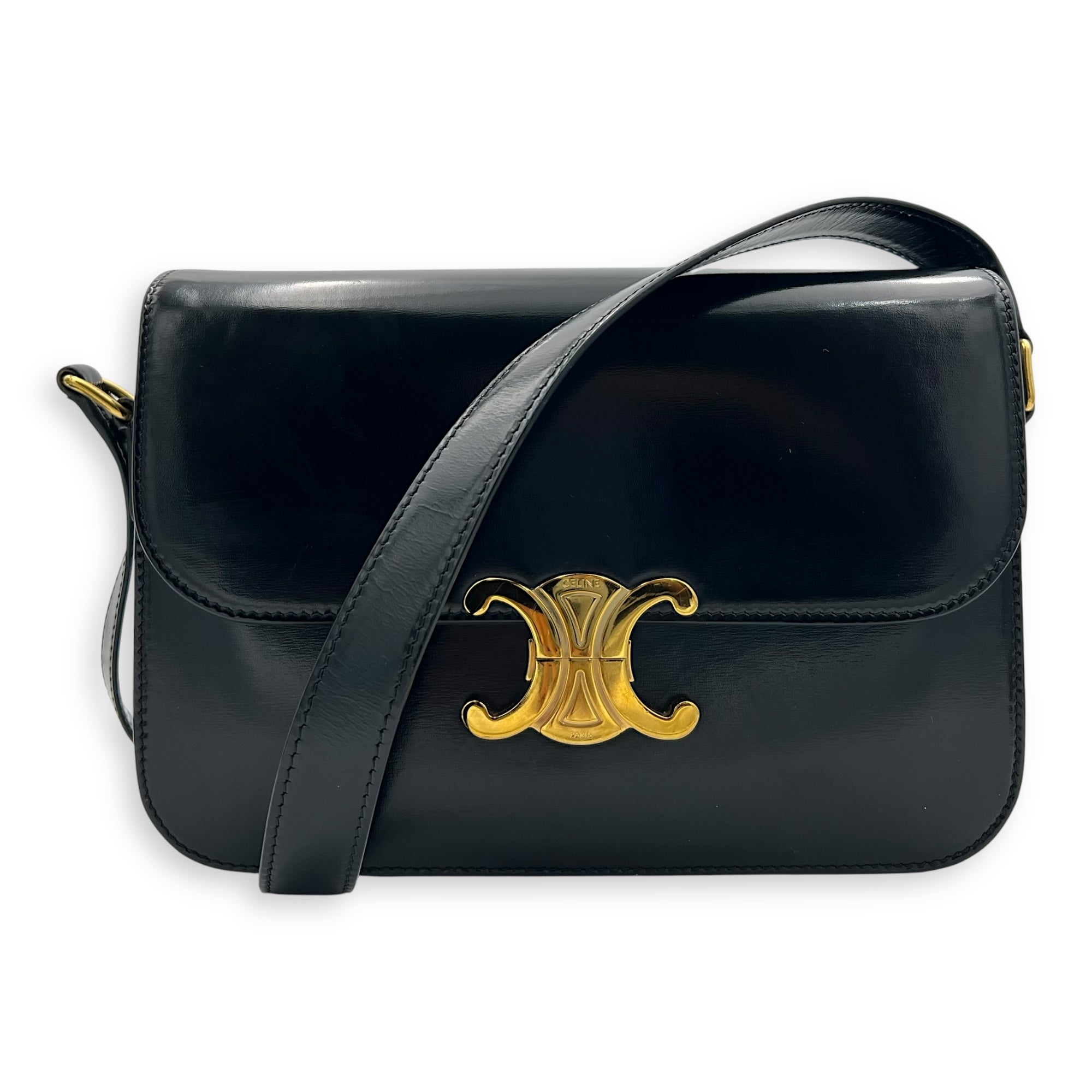 Celine Triomphe Classique Black Shoulder Bag in Calfskin, Gold hardware_9