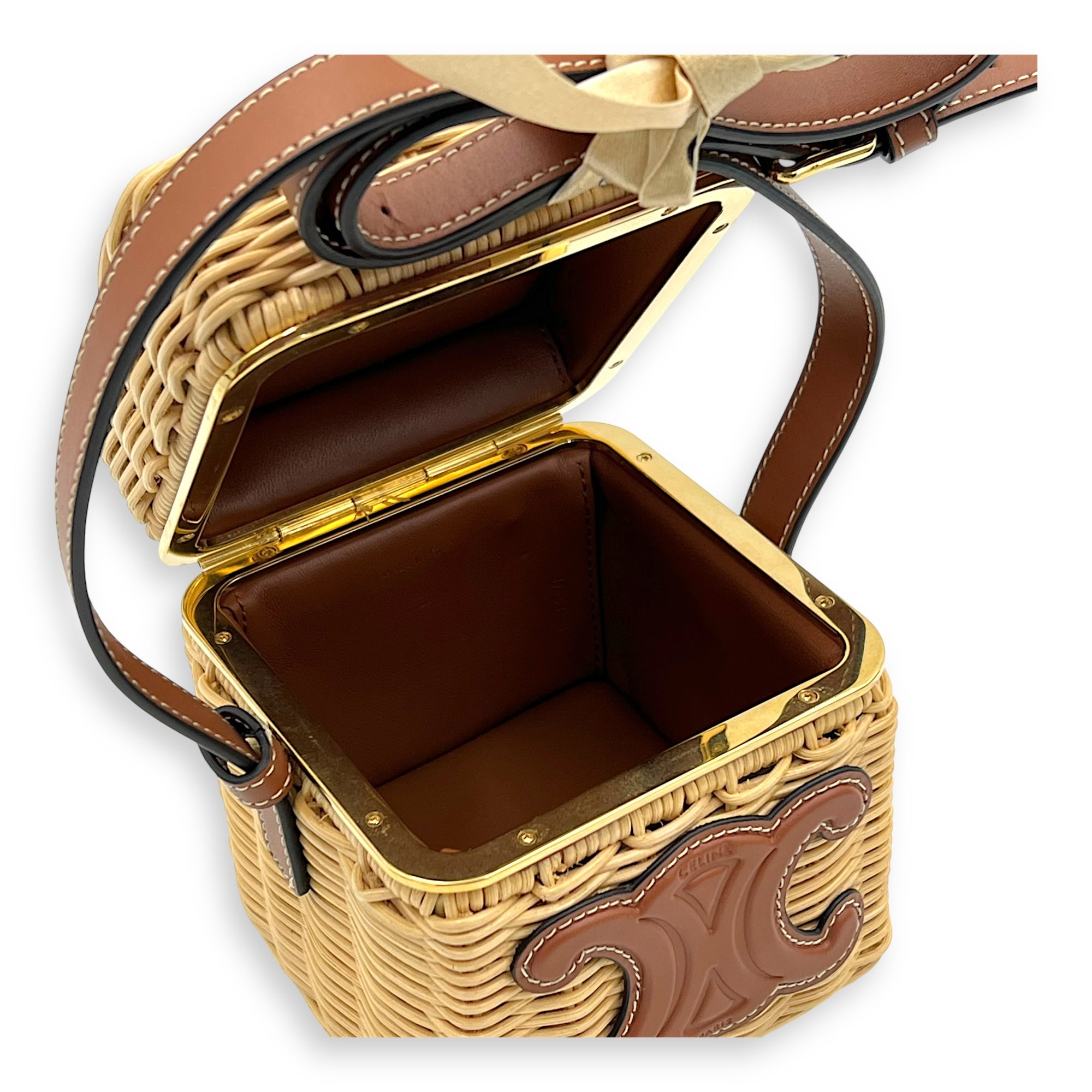 Celine Triomphe Box Shoulder Bag Brown in Rattan, Gold hardware_9