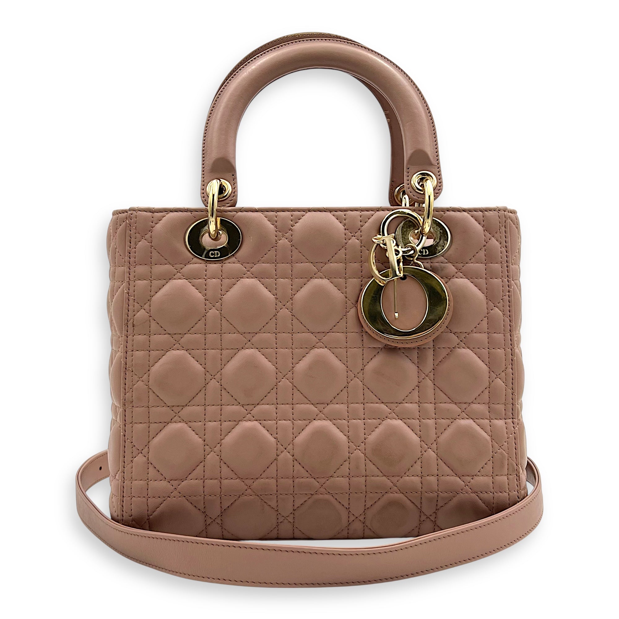 Dior Lady Dior Top Handle Bag Medium Pink in Lambskin, Gold hardware_9