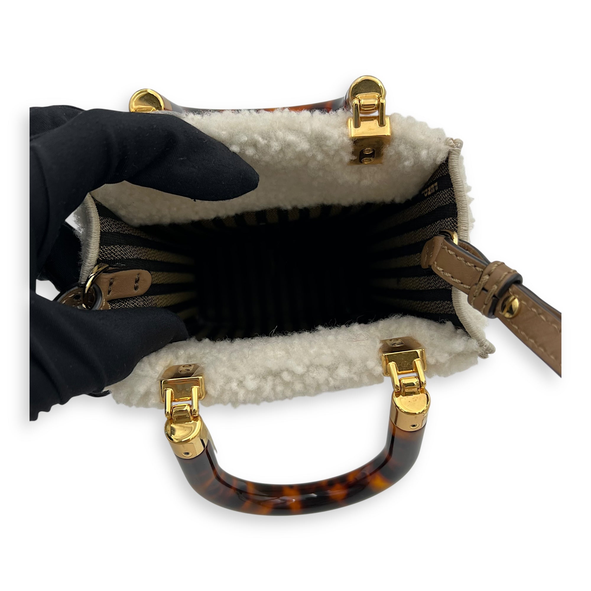 Fendi Sunshine Shoulder Bag White in Faux Fur, Gold hardware_6