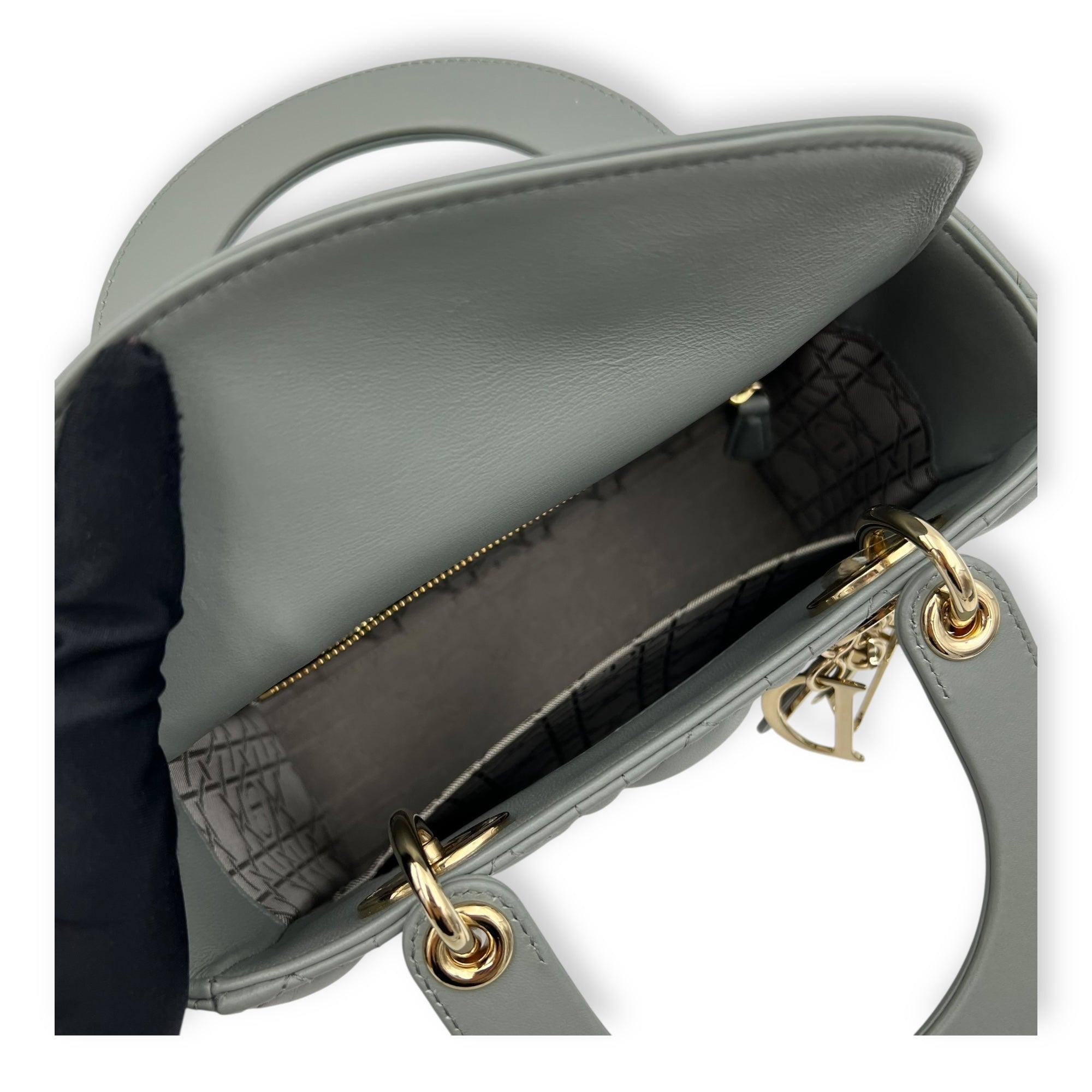 Dior Lady Dior Top Handle Bag Small Green in Lambskin, Gold hardware_9