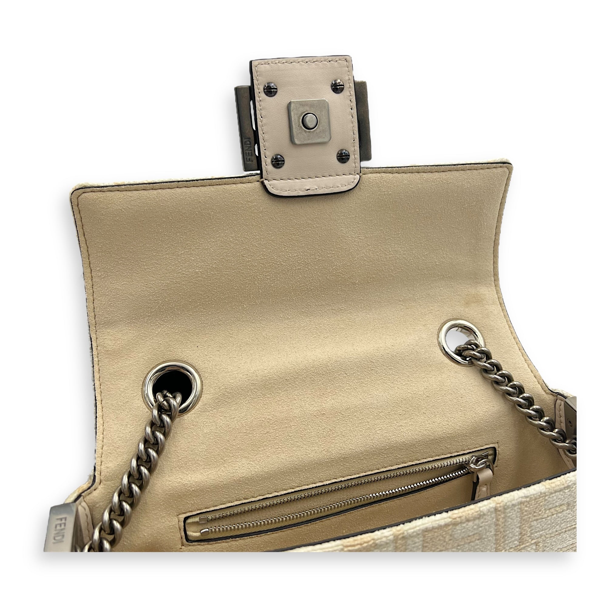 Fendi Baguette Shoulder Bag Beige in Velvet, Silver hardware_11