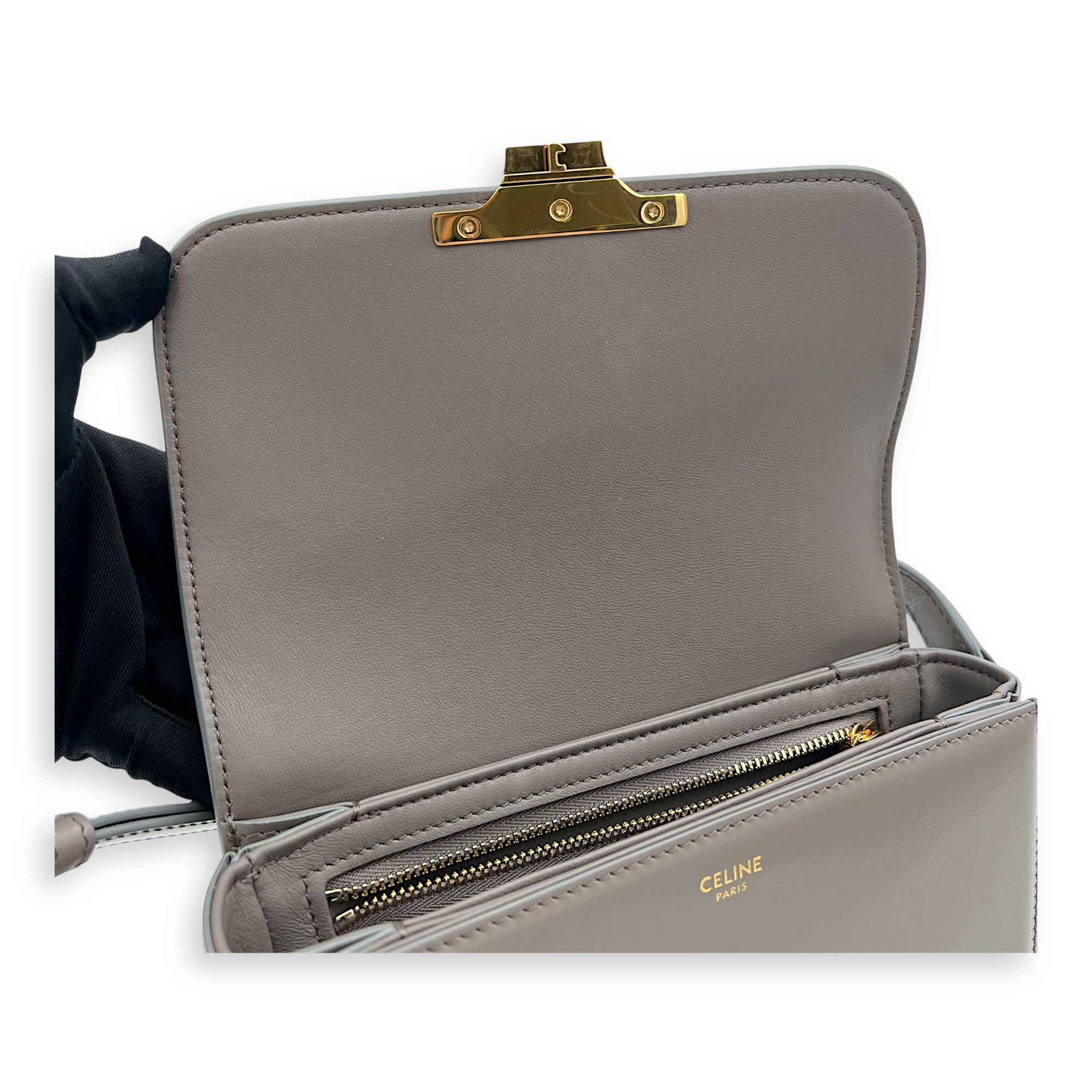 Celine Triomphe Crossbody Bag teen Grey in Calfskin, Gold hardware_9