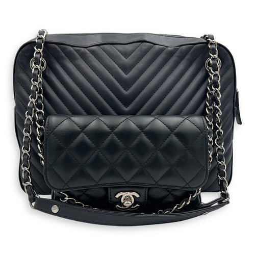 Chanel Paris Hamburg Double Camera Bag With Flap Navy & Black Shoulder Bag in Calfskin, Silver hardware_7