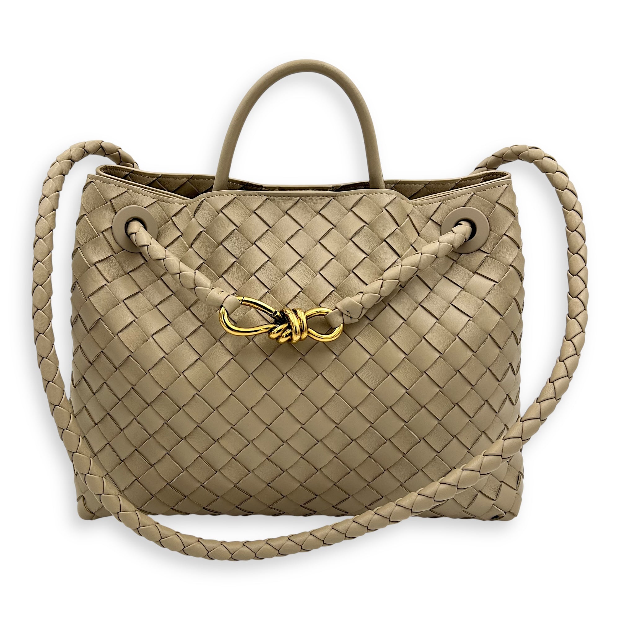 Bottega Veneta Andiamo Medium Beige Top Handle Bag in Calfskin, Gold hardware_7