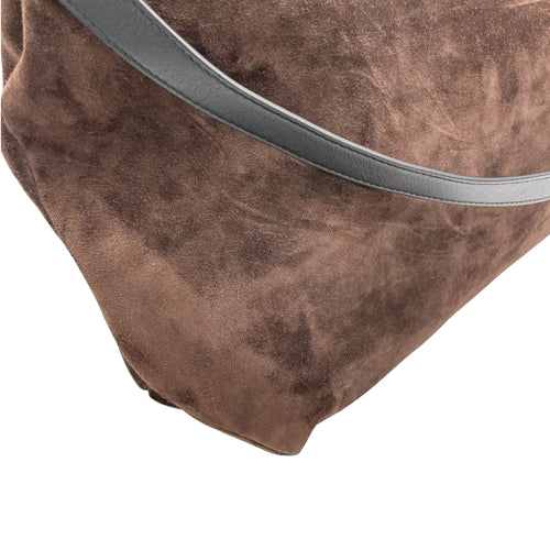 Gancini Two-Way Brown Top Handle Bag in Suede Leather, Silver hardware